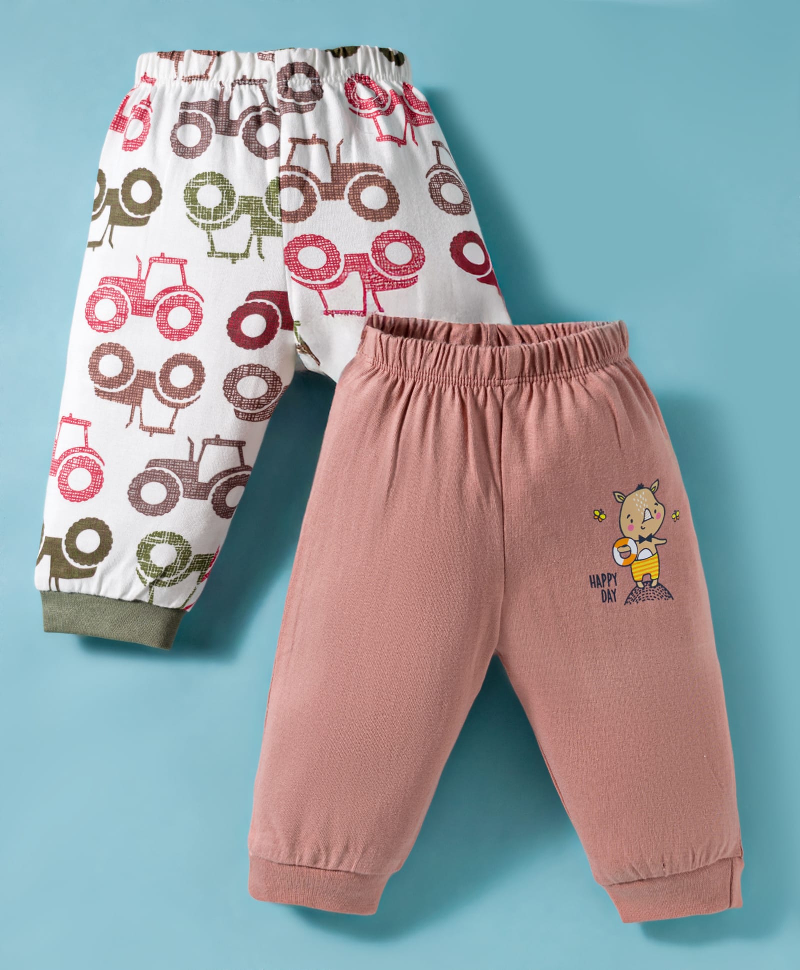 OHMS Single Jersey knit Full Length Lounge Pants with Vehicle & Animal Print Pack of 2 - White & Dark Peach-picture-17