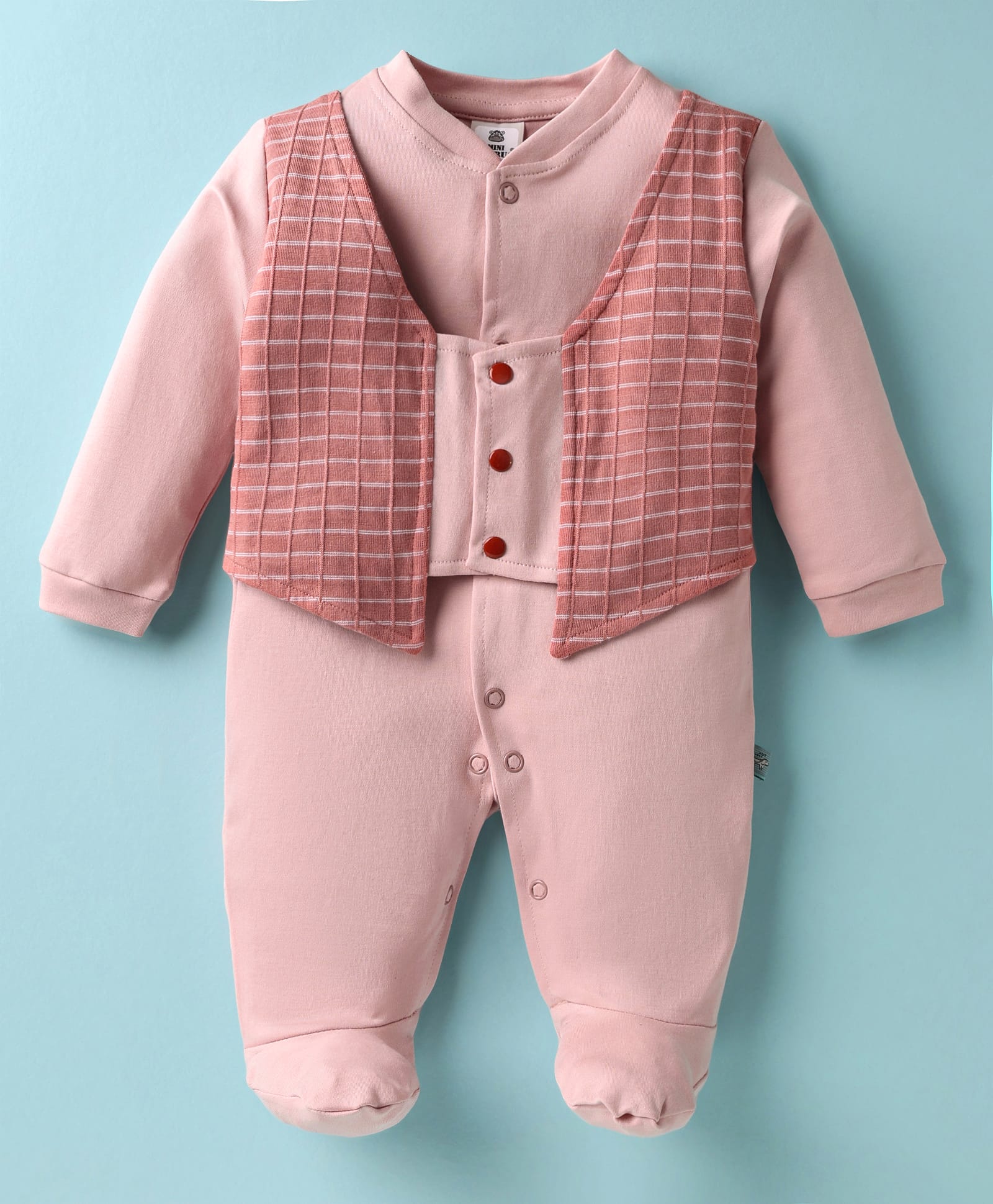 Mini Taurus Interlock Knit Full Sleeves Footed Rompers With Checks Print - Pink-image-30