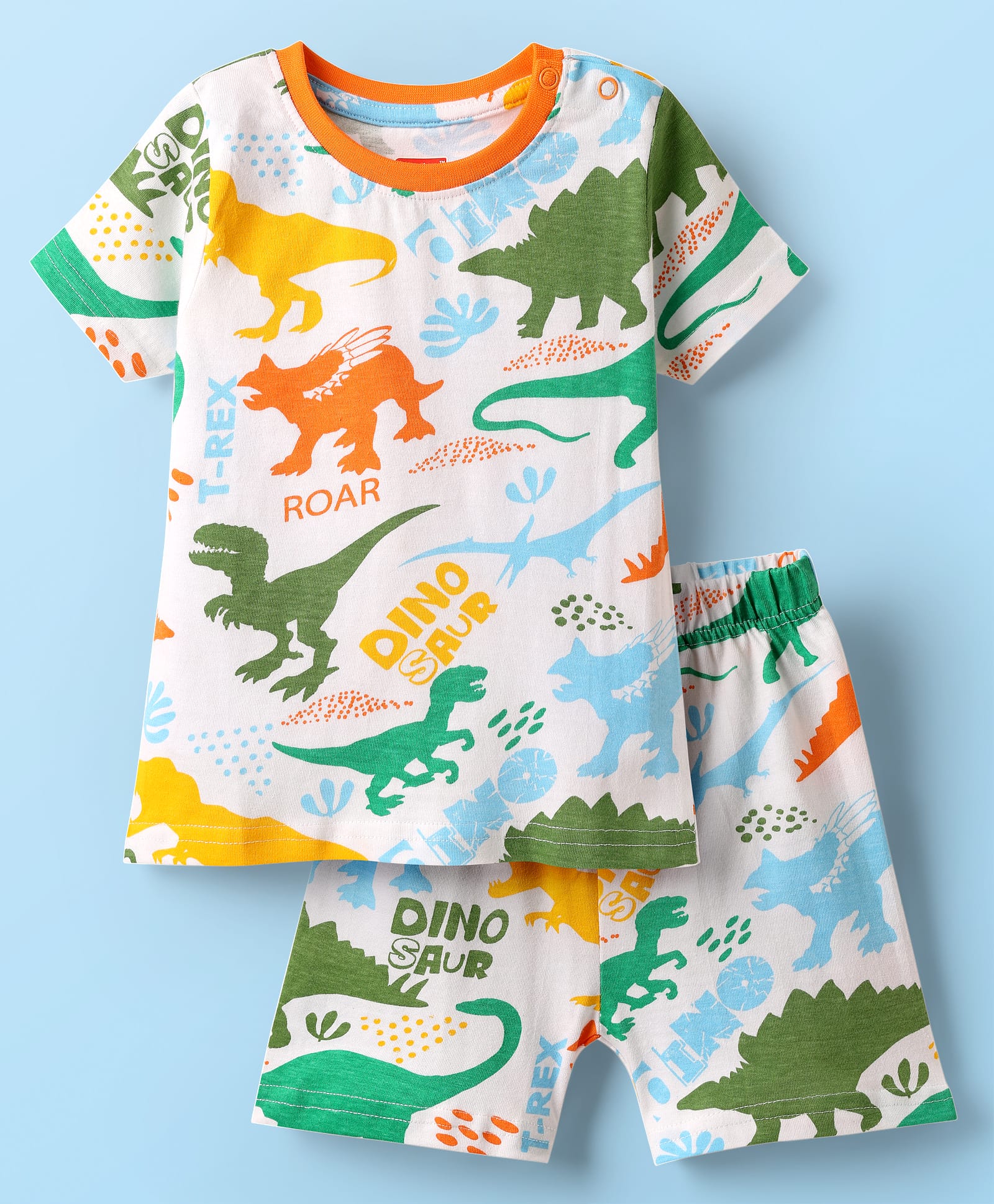 Babyhug Cotton Knit Half Sleeves Co-ords Shorts Night Suit with Dino Print - White