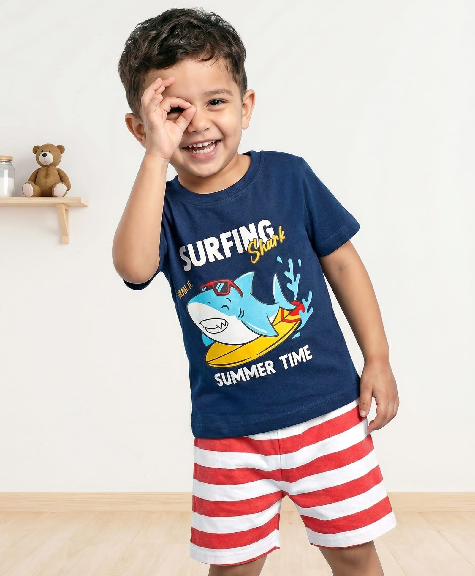 Babyhug Cotton Knit Half Sleeves Shorts Night Suit With Stripes & Surfing Text Print - Navy Blue Red & White-picture-34