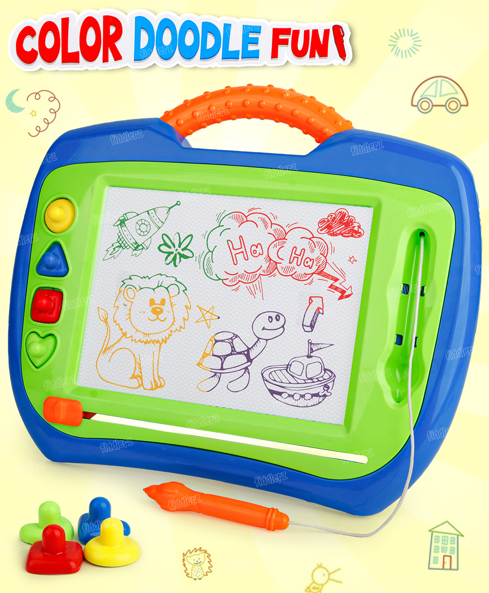 Fiddlerz Magnetic Drawing Board for Kids Large Size Sketch Pad with Attached Pen 4 Shape Stamps Erasable Smooth Slider Handle Grip -Random Color Dispatch (Pack of 1)-image-44