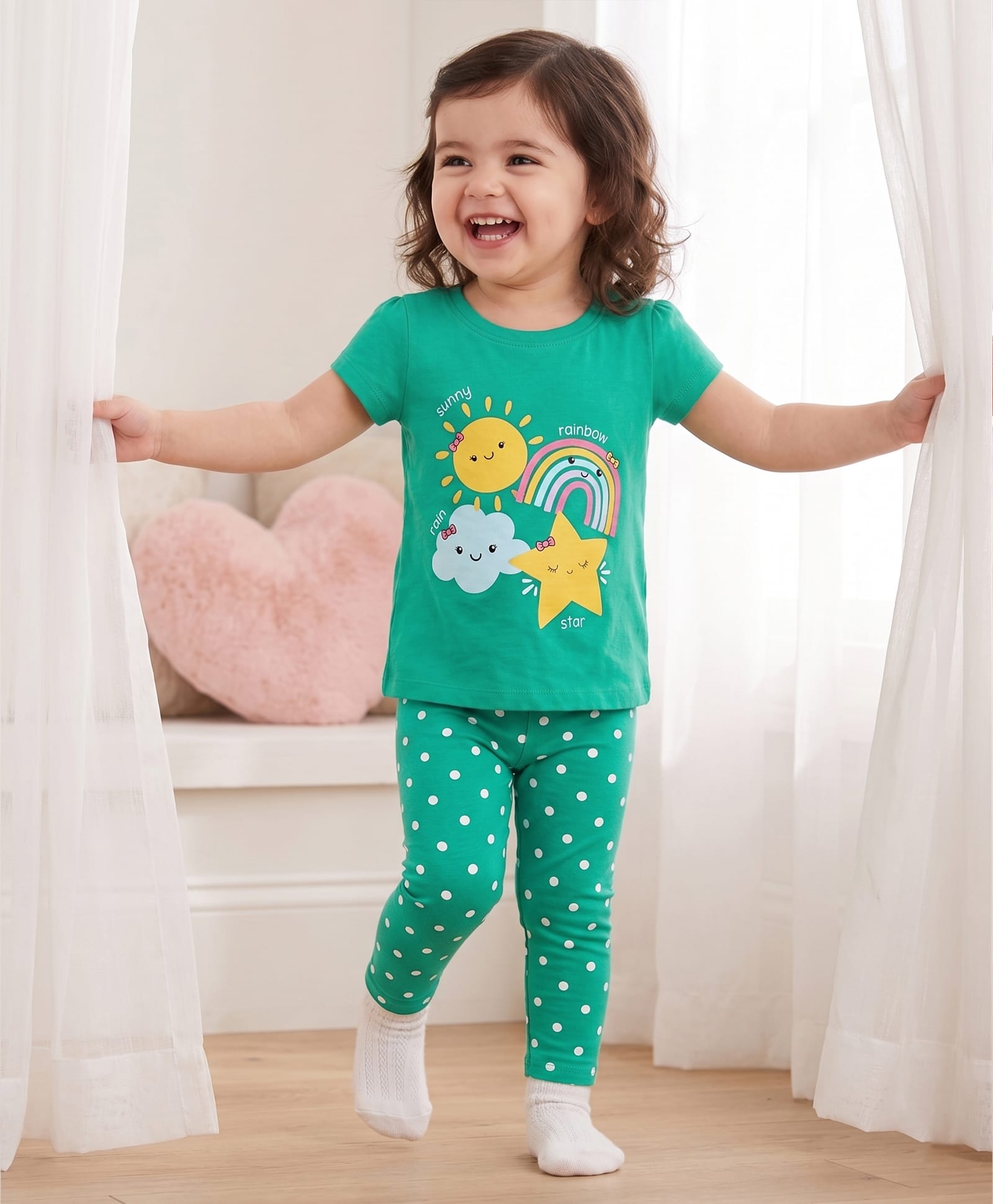 Babyhug Cotton Knit Half Sleeves Night Suit With Sun & Polka Dot Print - Green-image-3