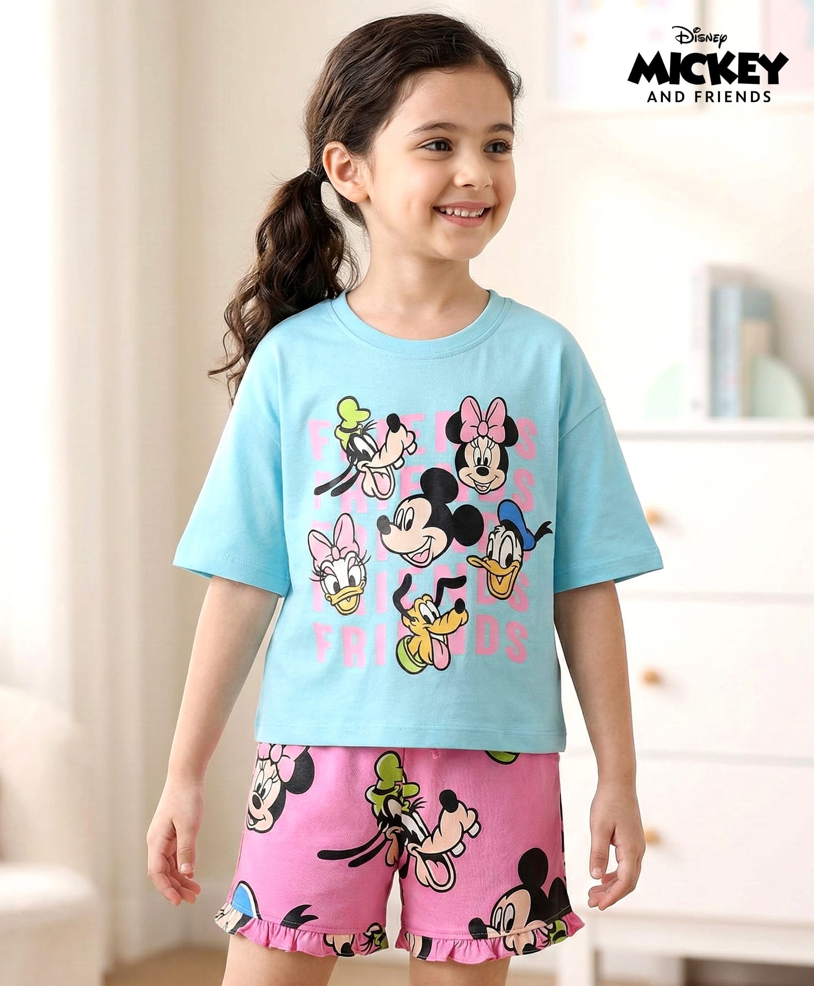 Pine Kids Disney Single Jersey Knit Oversize Drop Shoulder Half Sleeves Shorts Night Suit with Minnie & Friends Graphics - Light Blue & Pink-picture-38