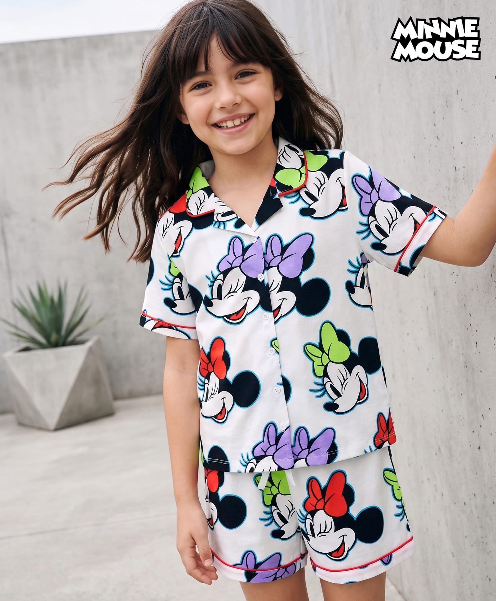 Pine Kids Disney Single Jersey Knit Half Sleeves Co-ords Shorts Night Suit With Minnie Mouse Print - White-image-24