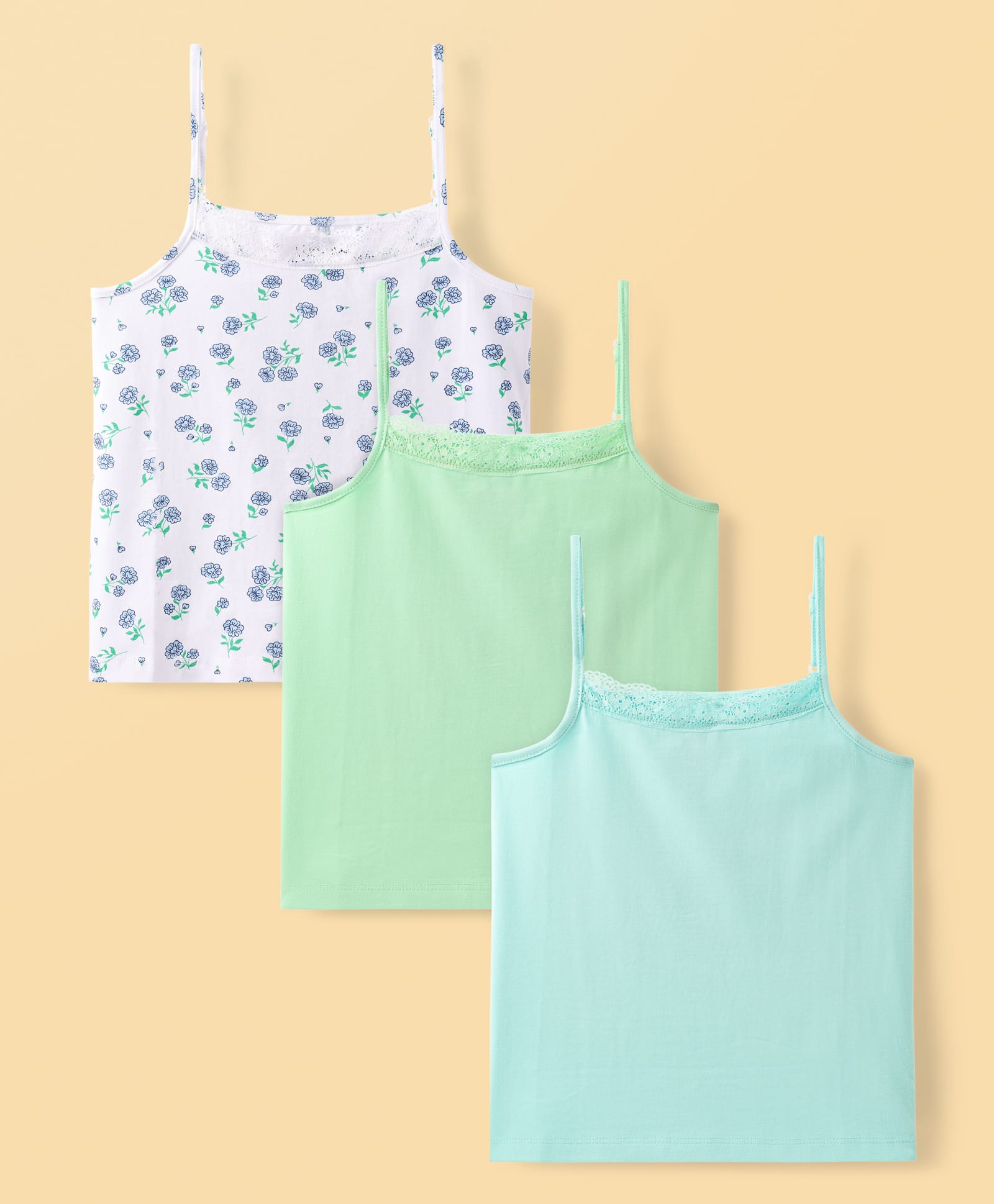 Honeyhap Premium Cotton Elastane Sleeveless Slips with Bio Finish Solid & Floral Print with Lace Design Pack of 3 - Paradise Green Bright White & Spun Sugar-image-12