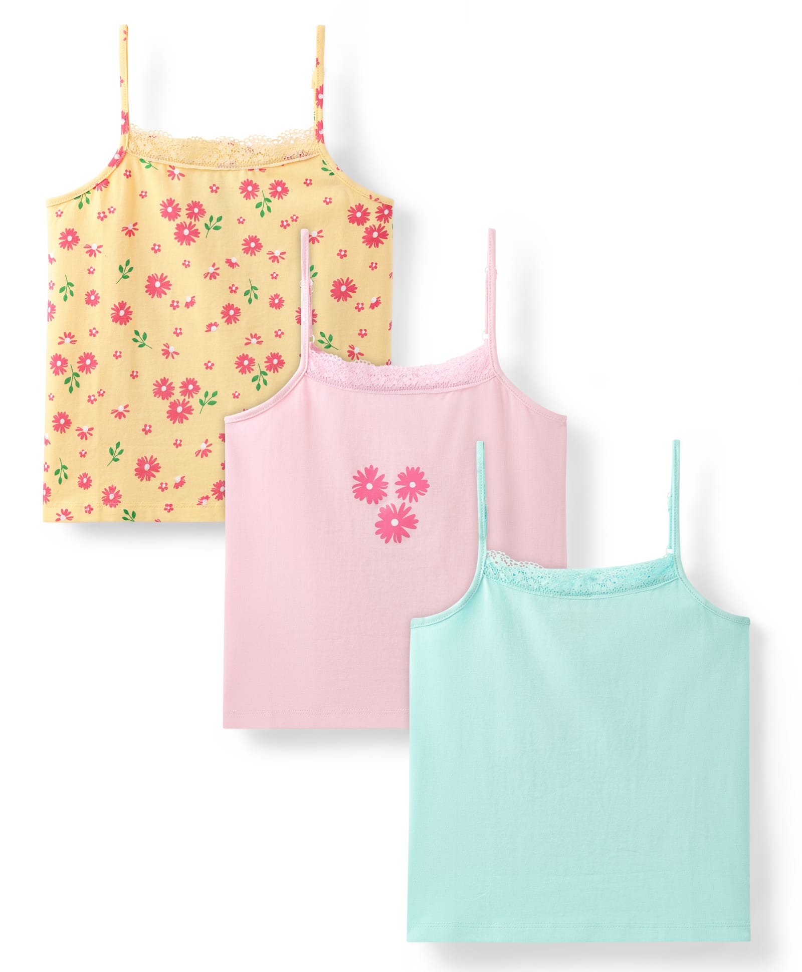 Honeyhap Premium Cotton Elastane Sleeveless Slips Pack of 3 with Bio Finish Floral Print & Lace Design - Golden Haze Spun Sugar & Tander Touch-picture-18
