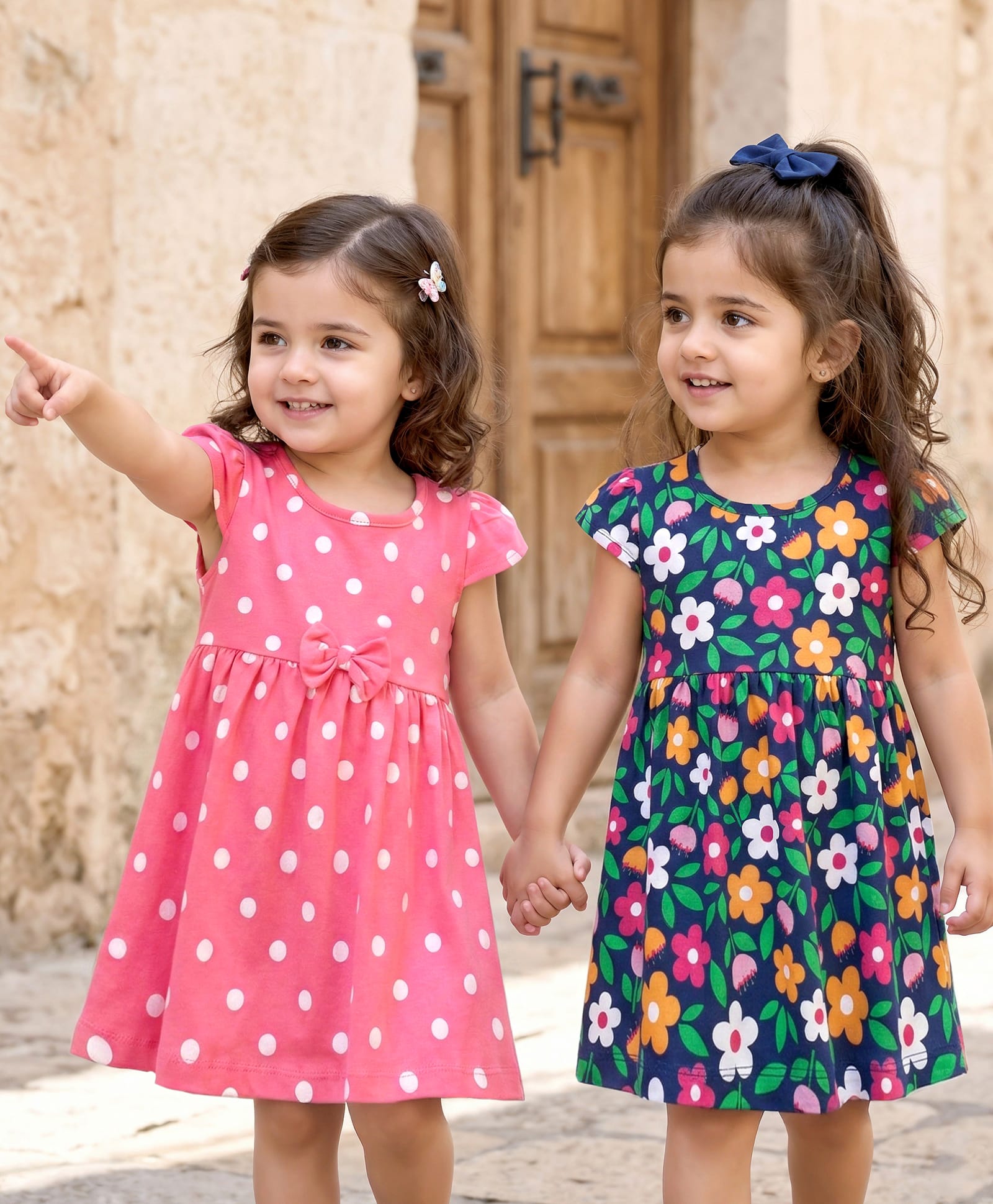 Babyhug Single Jersey Knit Cap Sleeves Polka Dot & Floral Printed Frocks With Bow Applique Pack of 2 - Pink & Navy Blue-image-31