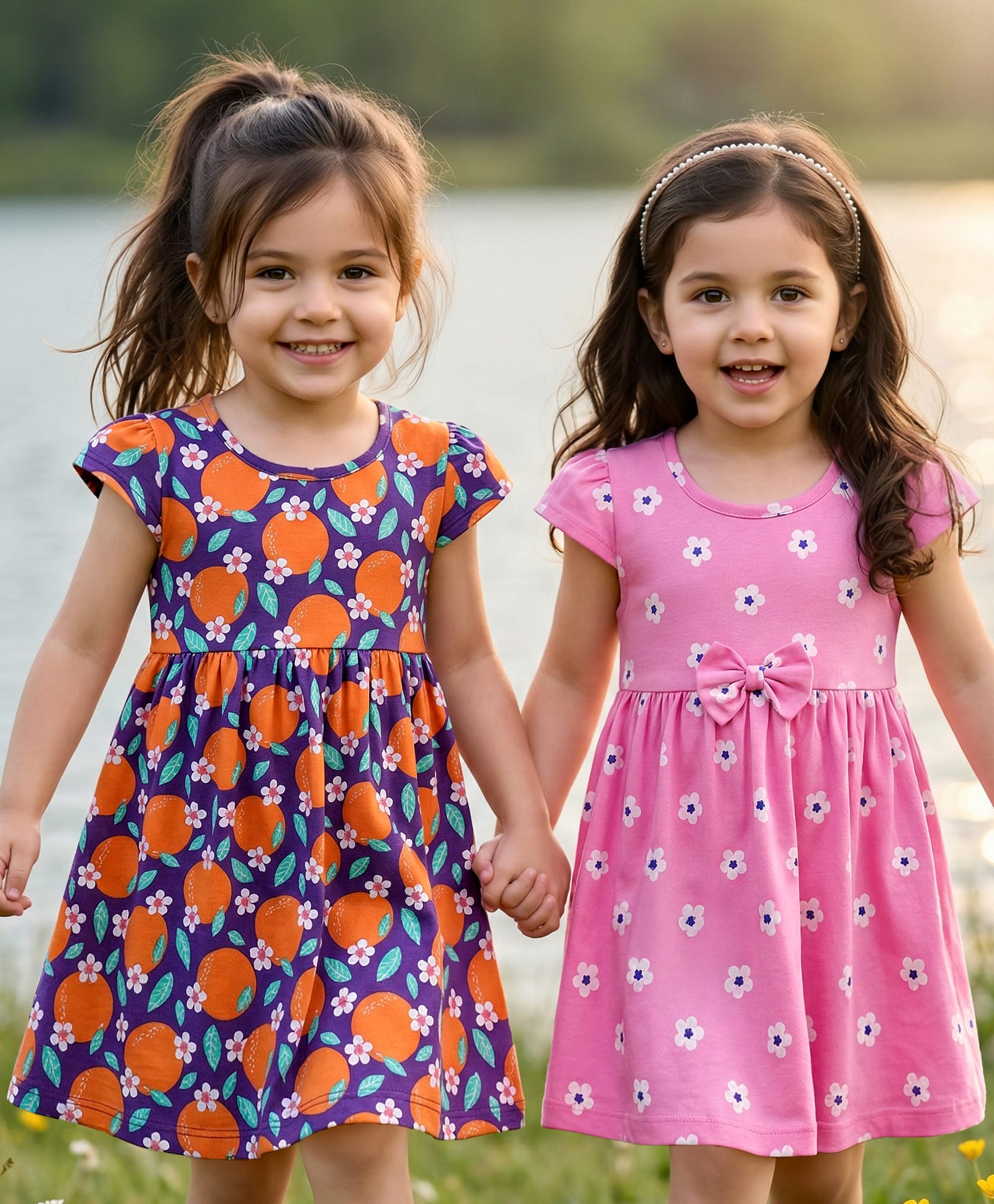 Babyhug Single Jersey Knit Cap Sleeves Floral & Fruit Printed Frocks With Bow Applique Pack of 2 - Pink & Violet-image-26