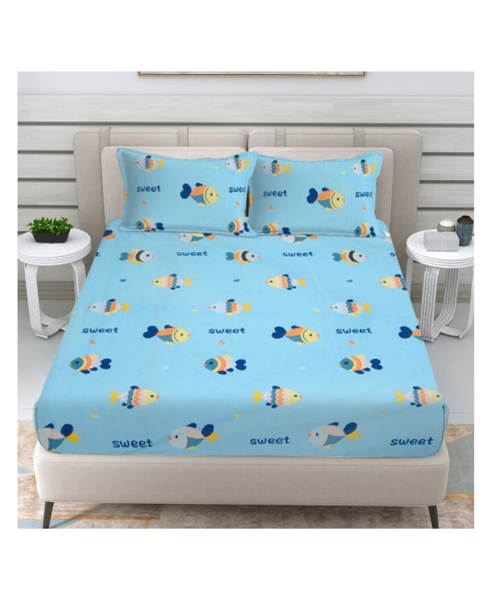 Kids wonders kids print flatbed sheet design 3 in skyblue with 2 pillow covers.-image-37