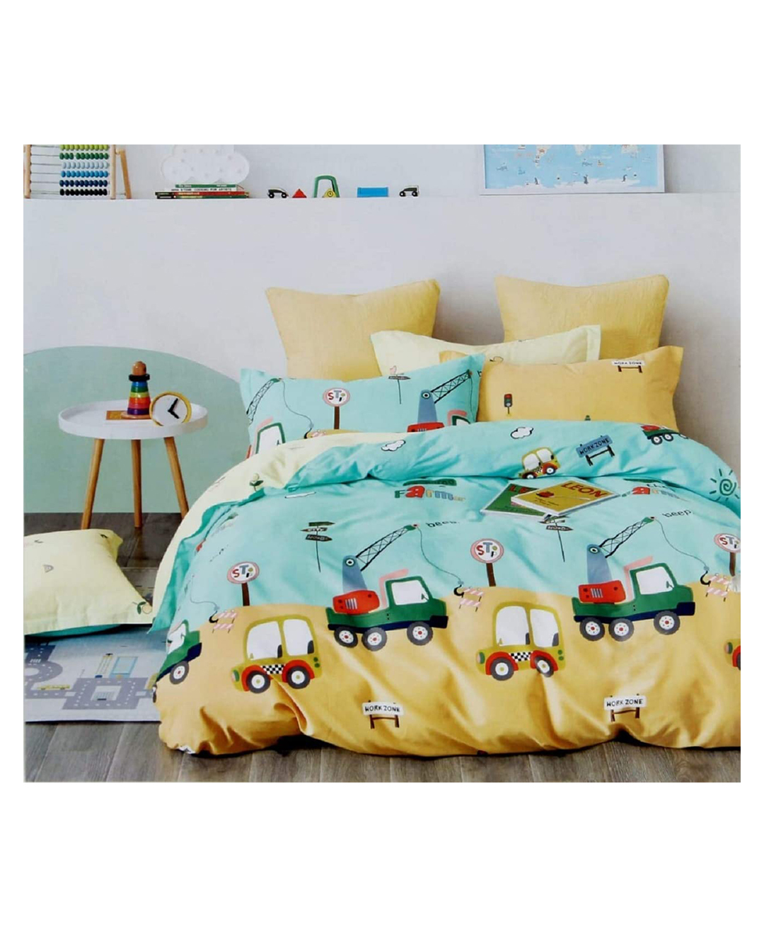 KIDS WONDERS Kids Print FlatBed Sheet Design 9 With 2 Pillow Covers - Lemon Yellow & Light Blue-image-39