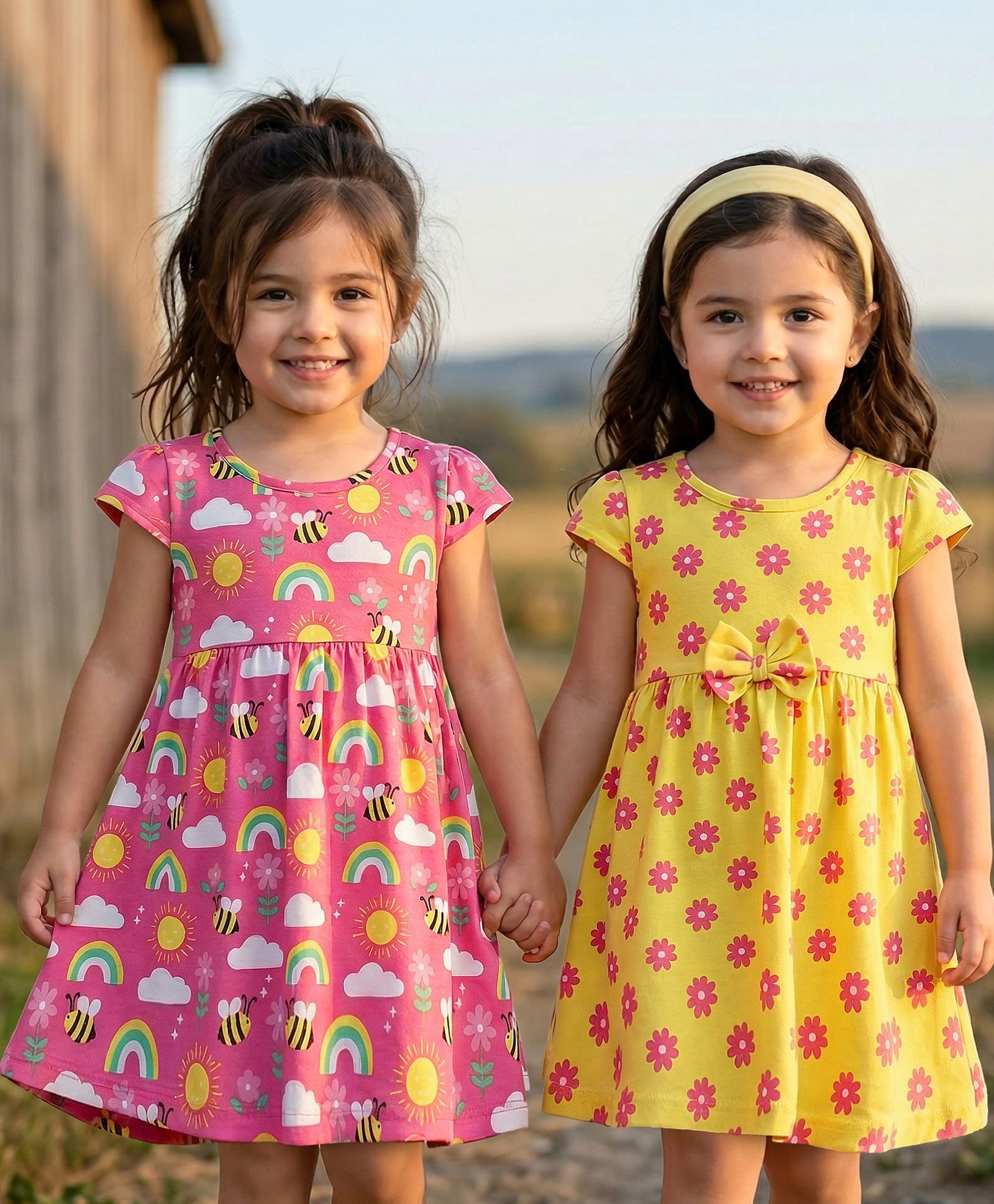 Babyhug Single Jersey Knit Half Sleeves Frocks with Tropical & Floral Print Pack of 2 - Dark Pink & Yellow-picture-30