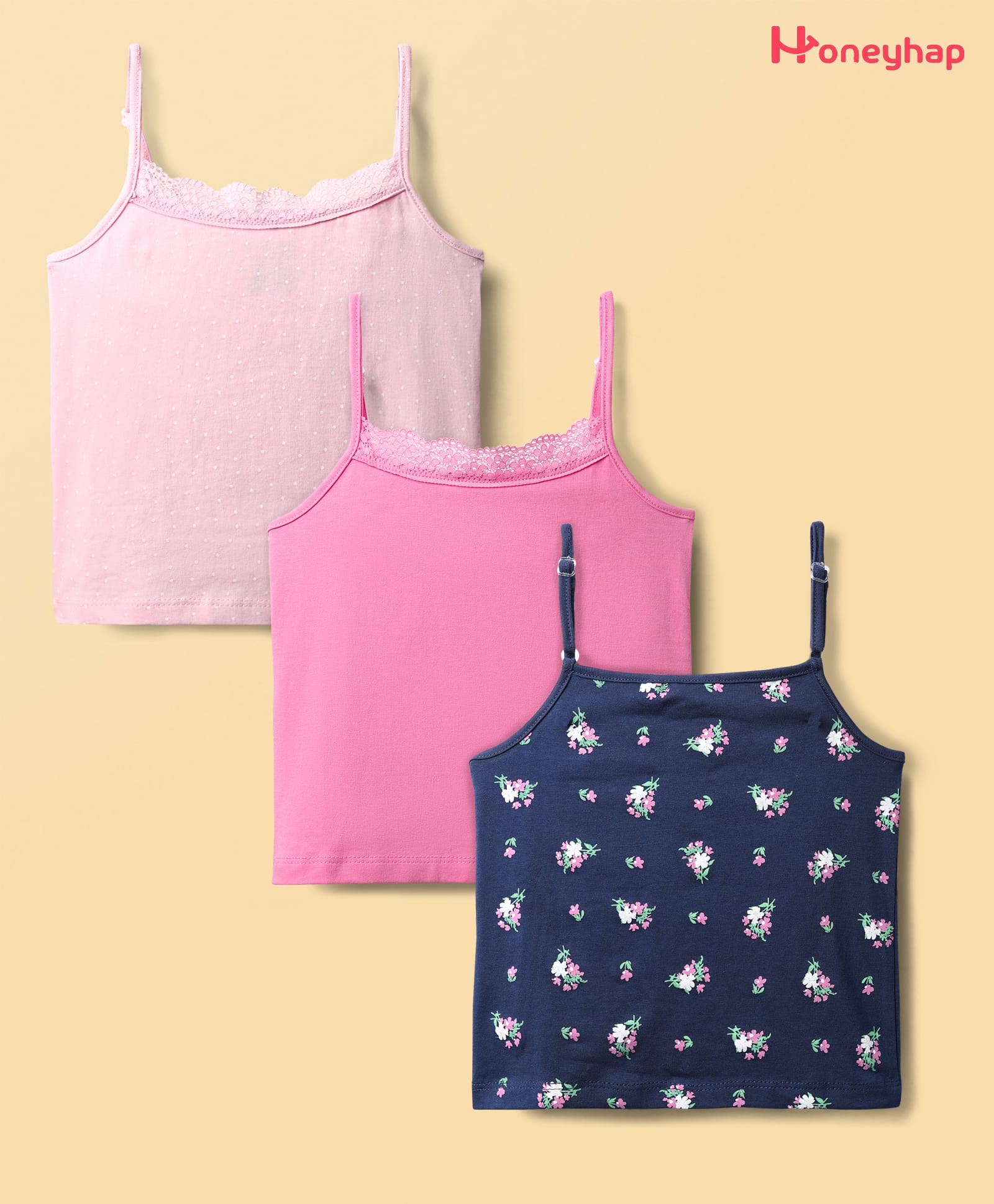 Honeyhap Premium Cotton Elastane Knit Sleeveless Solid & Floral Printed Slips With Bio Finish Pack of 3 - Navy Peony Sachet Pink & Tander Touch-picture-18