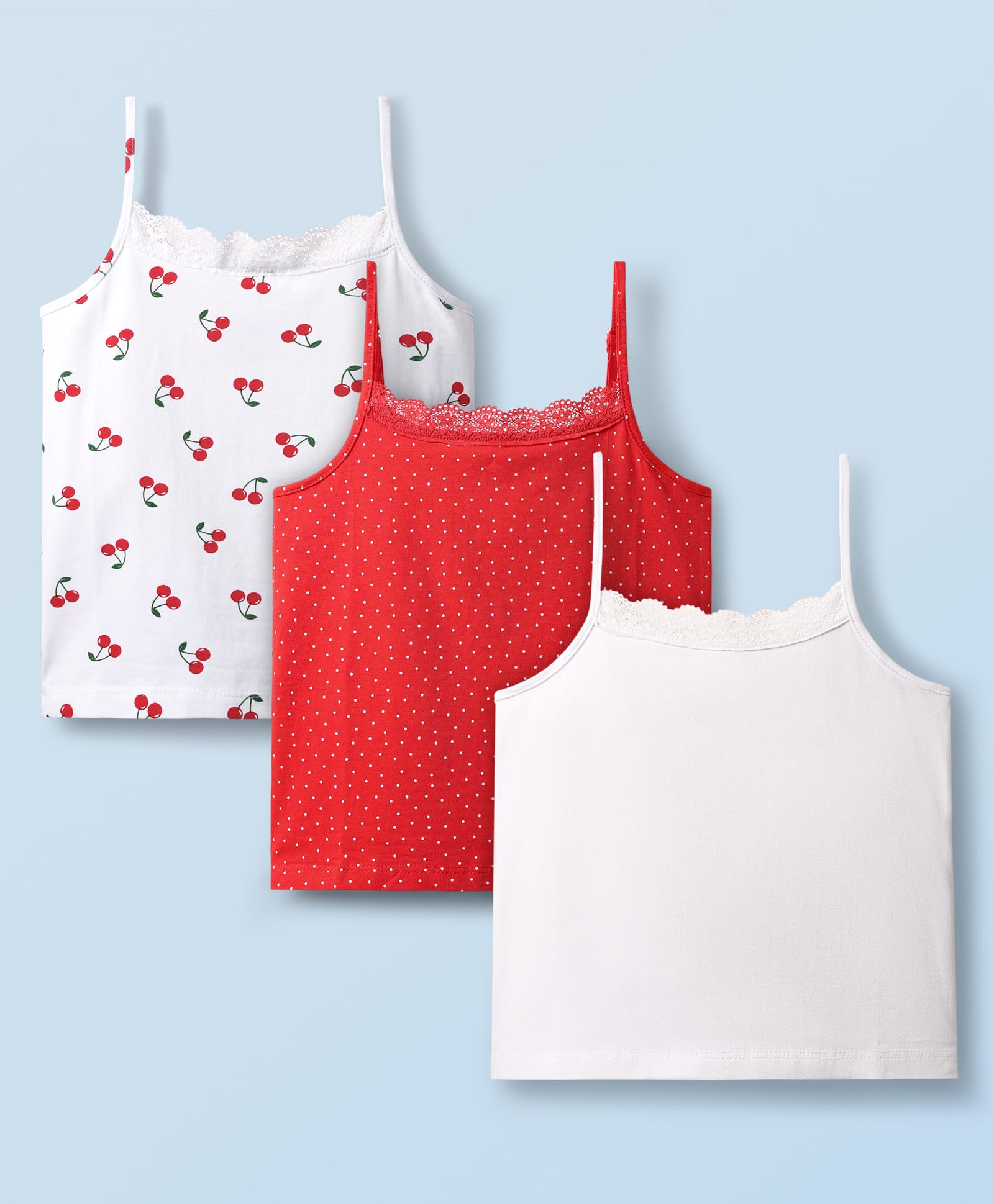 Honeyhap Premium Cotton Elastane Knit Sleeveless Solid & Cheery Printed Slips With Bio Finish Pack of 3 - High Risk Red & Bright White-picture-28