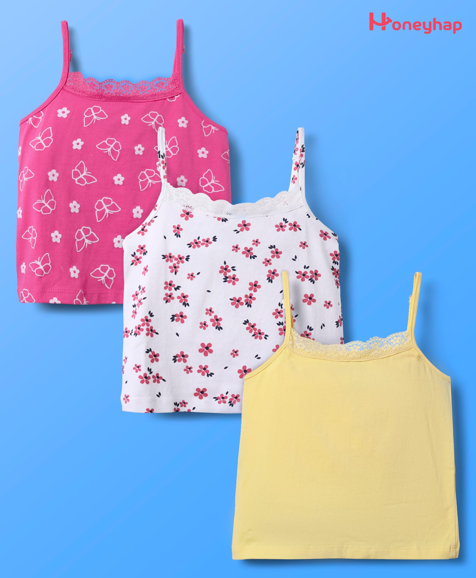 Honeyhap Premium Cotton Knit Singlet Sleeves Slips With Bio Finish Butterfly & Floral Print Pack Of 3 - Light Yellow Dark Pink & White-picture-20