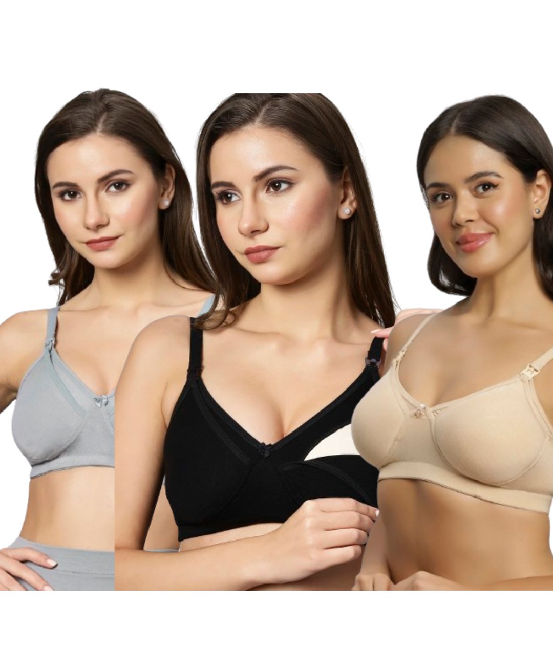 TUMMY Bamboo Cotton Pack of 3 Solid Non Padded Wired free Bra With Nursing Access - Multi Colour-picture-14