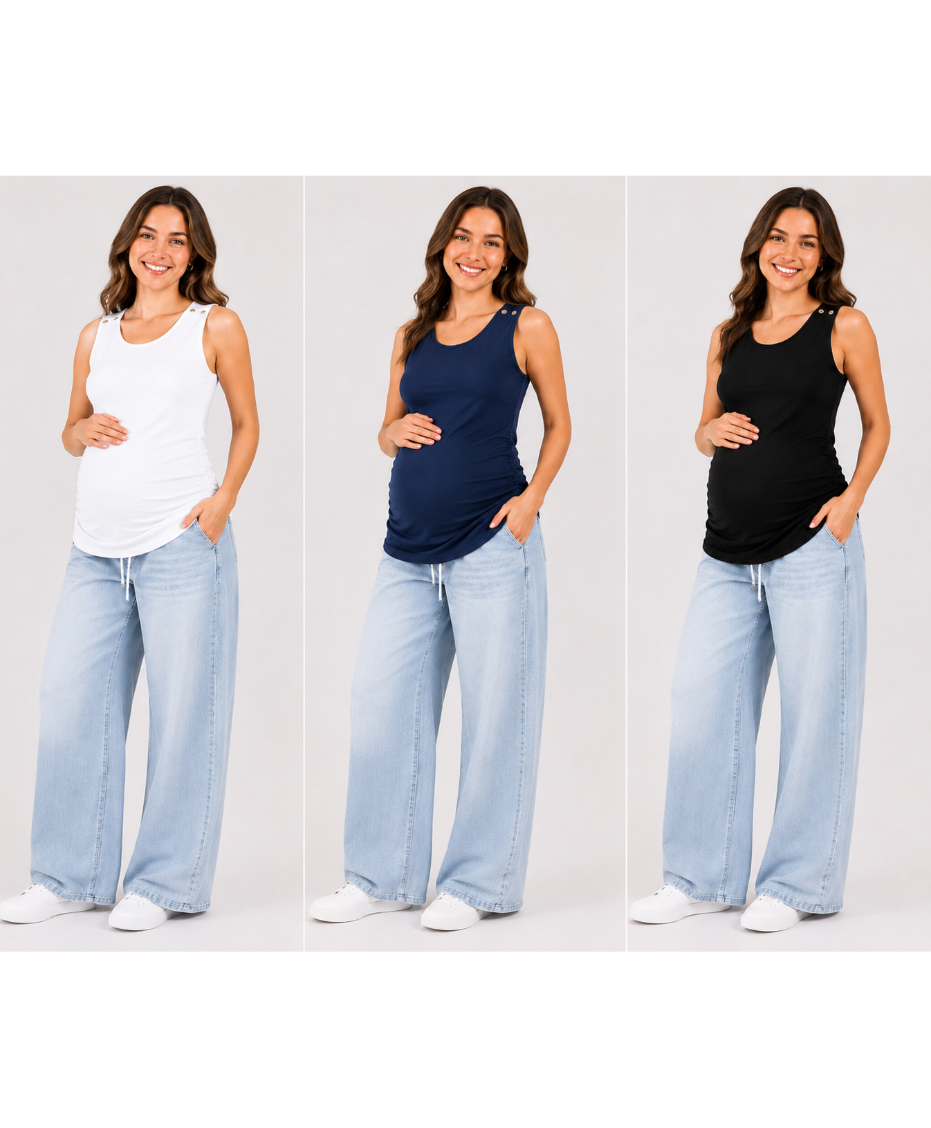 TUMMY Viscose Pack Of 3 Sleeveless Solid Maternity Tank Tops With Nursing Access - Multi Colour-image-34