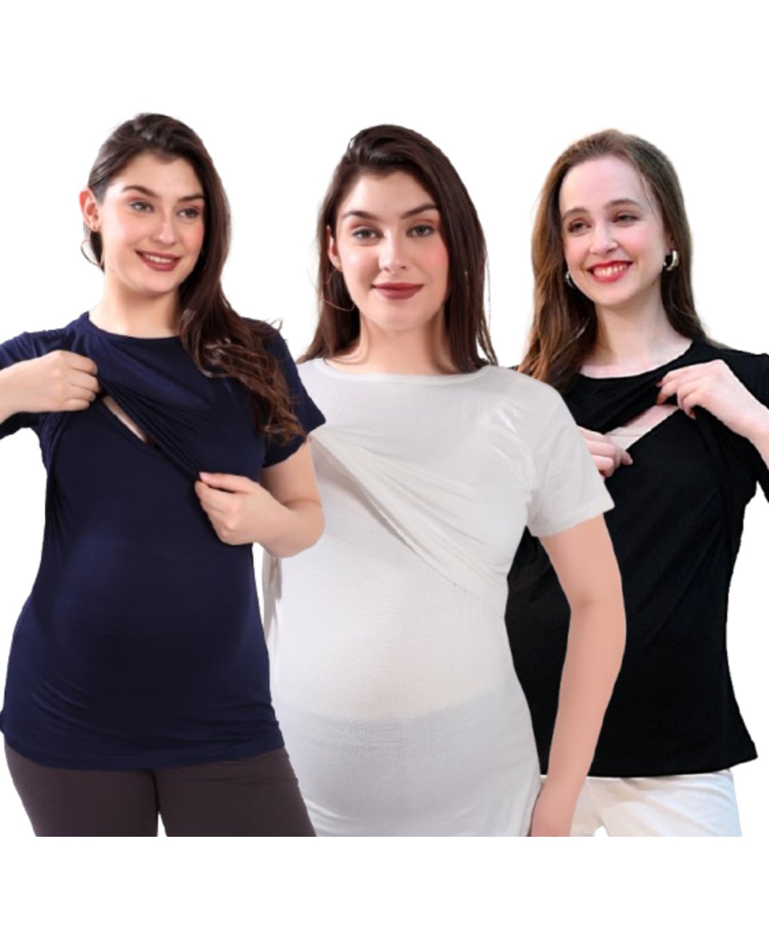 TUMMY Viscose Pack Of 3 Half Sleeves Solid Maternity Tops With Nursing Access - Multi Colour