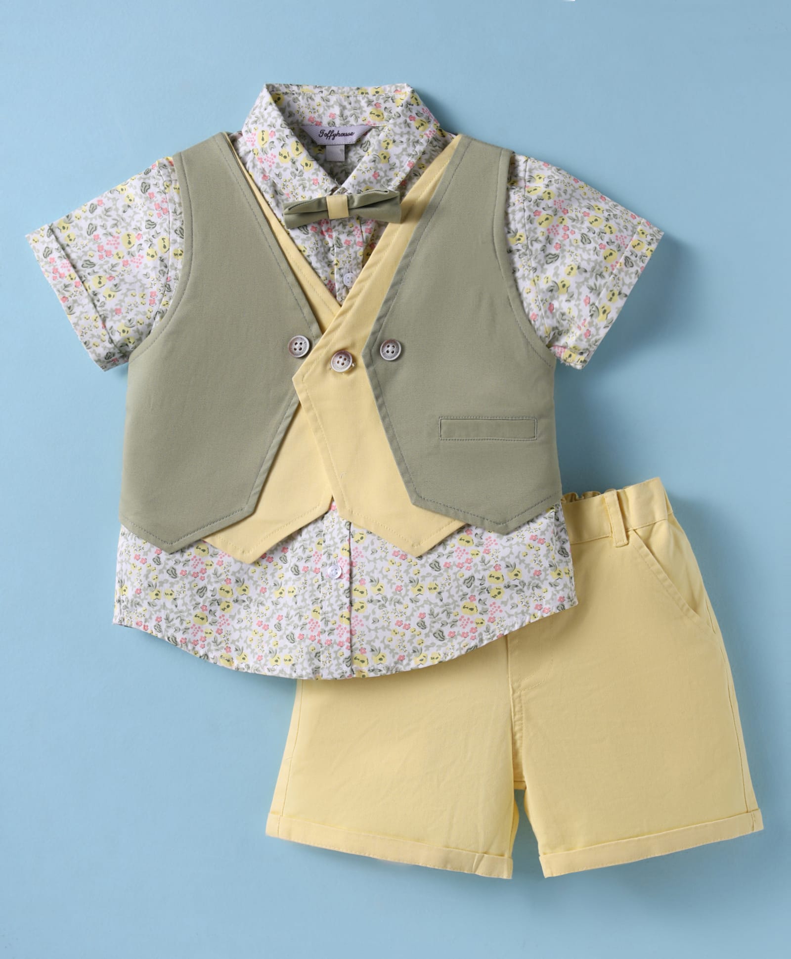 ToffyHouse Poplin Woven Half Sleeves 3 Piece Set With Bow & Floral Print- Yellow & White-picture-14