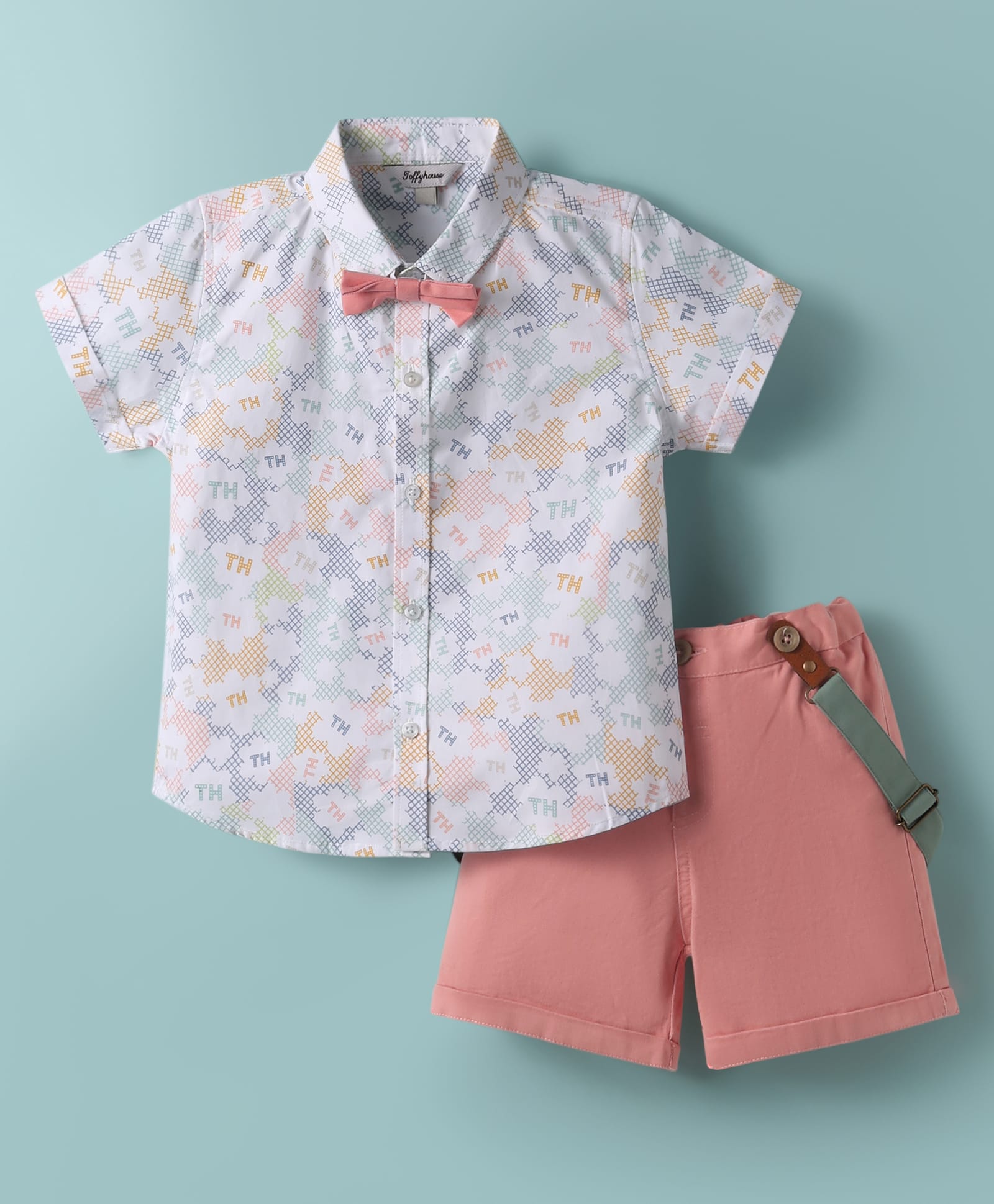 ToffyHouse Poplin Woven Half Sleeves Shirt & Shorts with Suspender & Bow with Floral Print - Pink & White-image-10