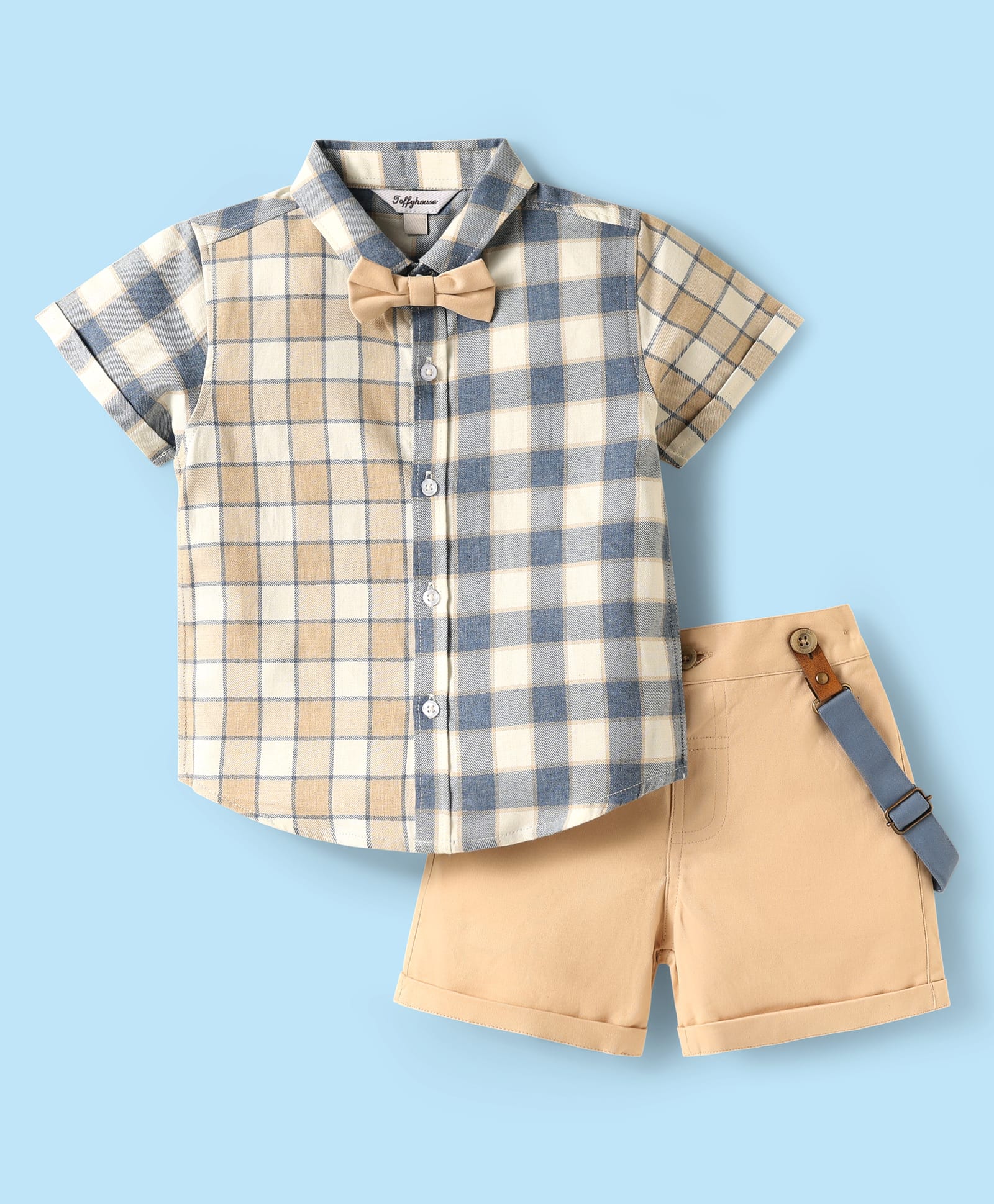ToffyHouse Poplin Woven Half Sleeves Checkered Shirt & Shorts Set with Bow & Suspender - Beige-image-3