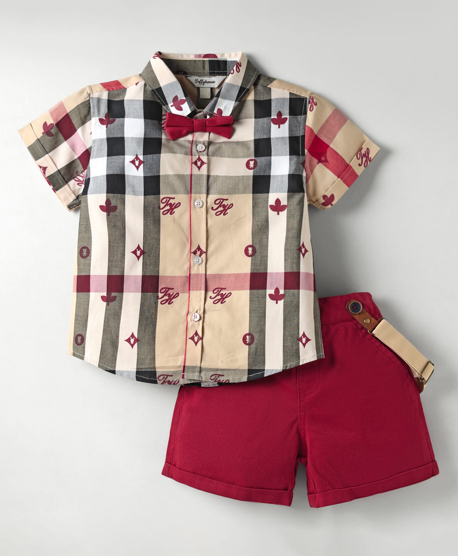 ToffyHouse Poplin Woven Half Sleeves Checekered Shirt & Shorts Set with Bow & Suspender - Maroon-picture-26