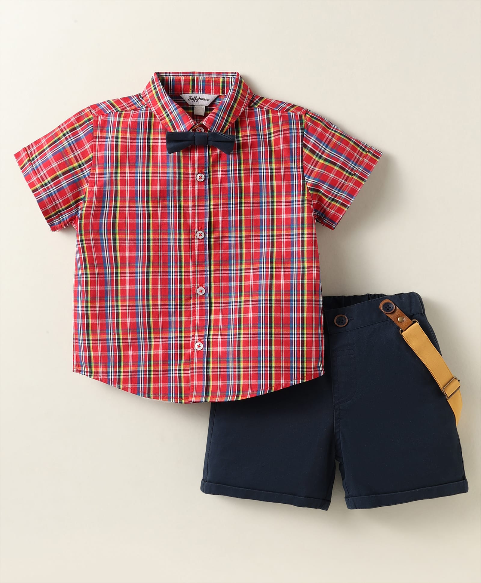 ToffyHouse Cotton Woven Half Sleeves Shirt & Shorts With Bow & Suspender with Checks - Red & Navy Blue-picture-13