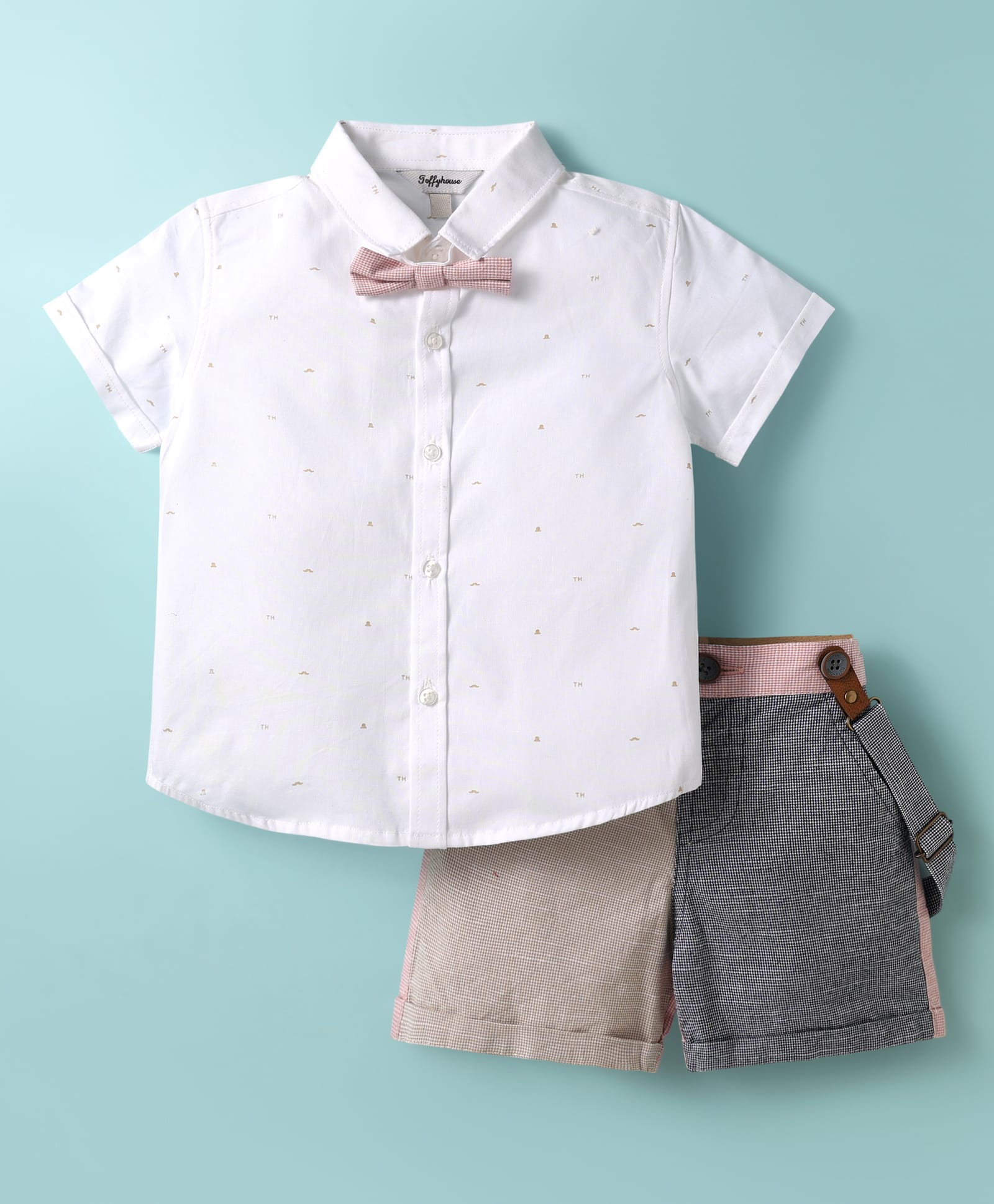 ToffyHouse 100% Woven Cotton Poplin Half Sleeves Solid Shirt & Twill Woven Shorts Set With Bow & Suspender - Grey & Black-image-2