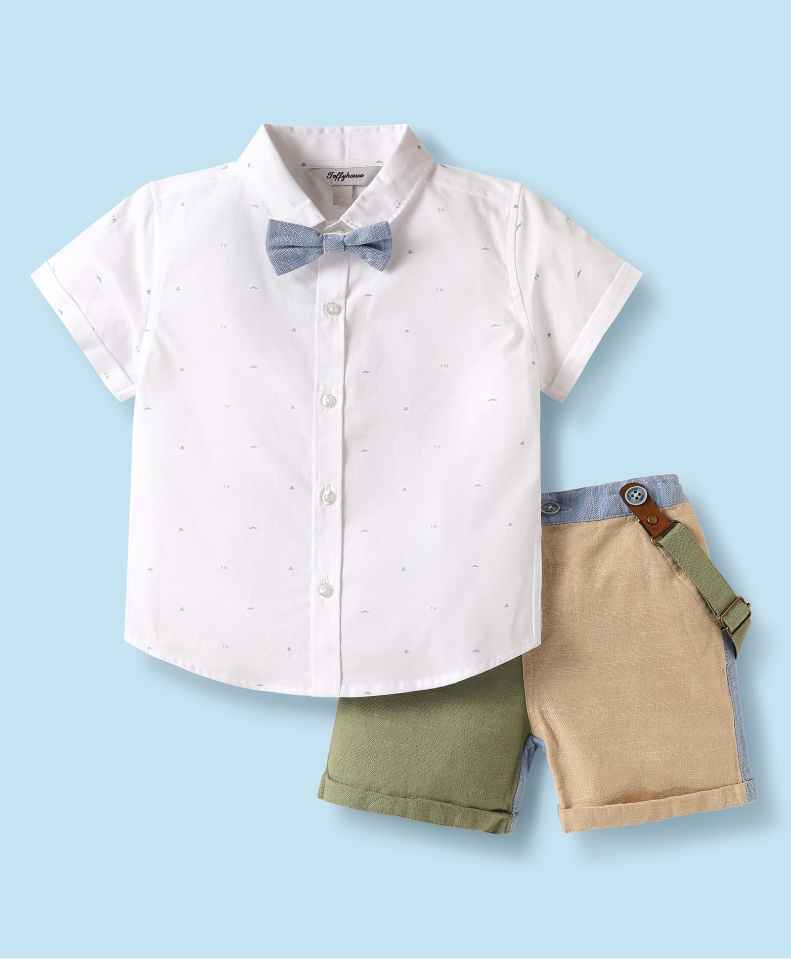 ToffyHouse Poplin Woven Half Sleeves Shirt & Shorts Set with Suspenders & Bow with Moustache Print - White & Olive Green-picture-22