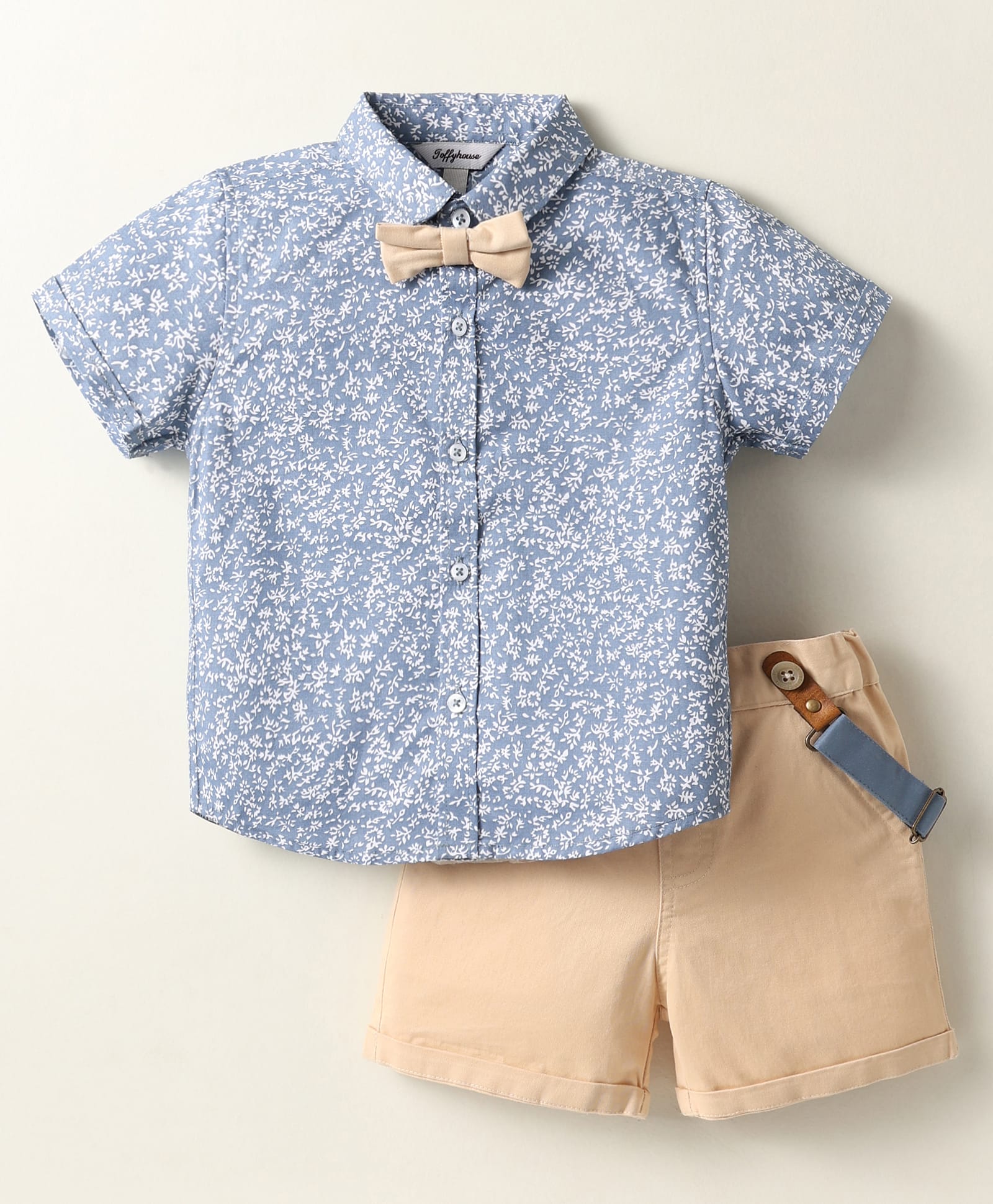 ToffyHouse Poplin Woven Half Sleeves Shirt & Short With Bow Suspender & Floral Print - Light Blue & Cream-picture-2