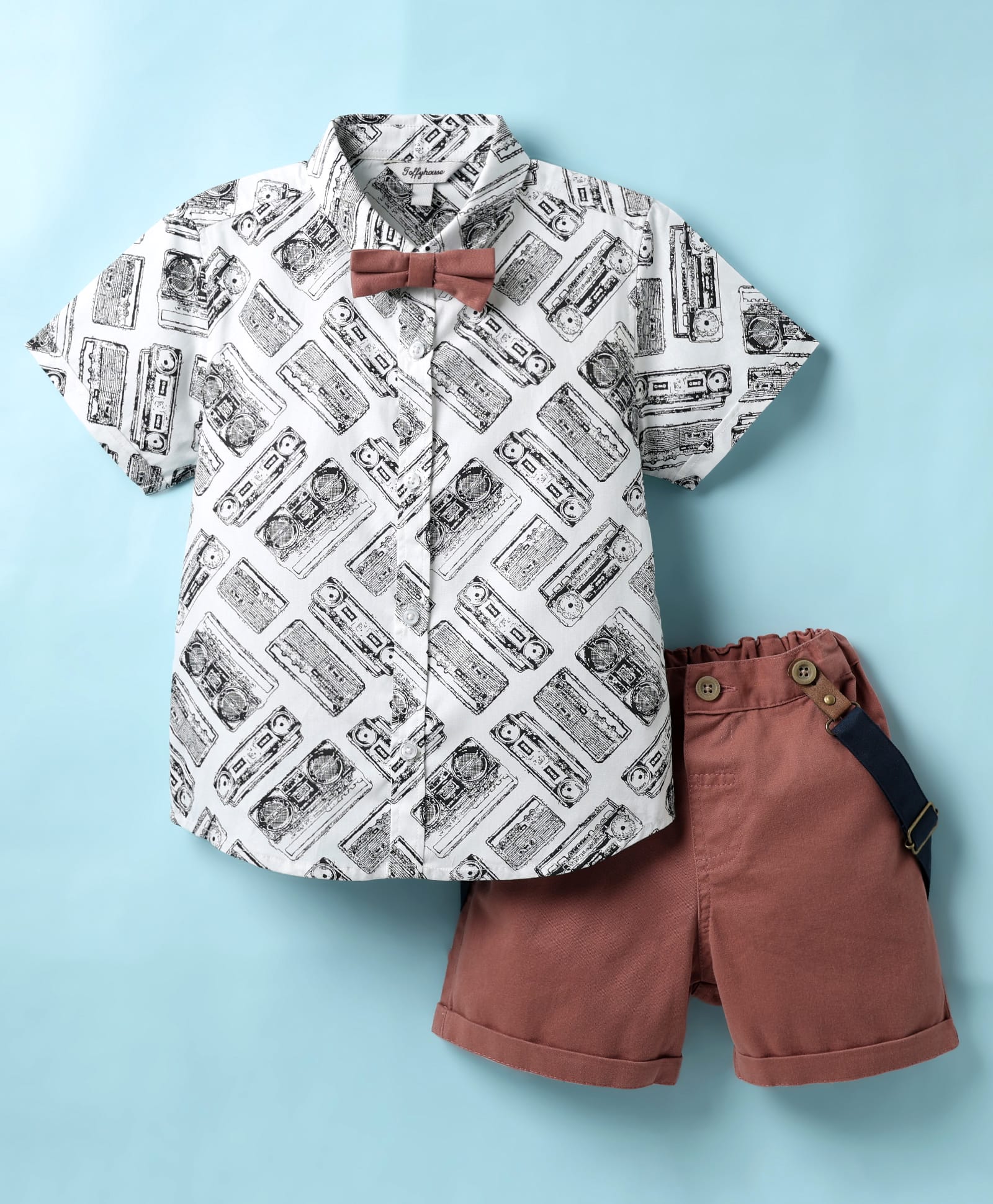 ToffyHouse Poplin Woven Half Sleeves Printed Shirt & Shorts Set with Bow & Suspender - Brown & White-picture-32