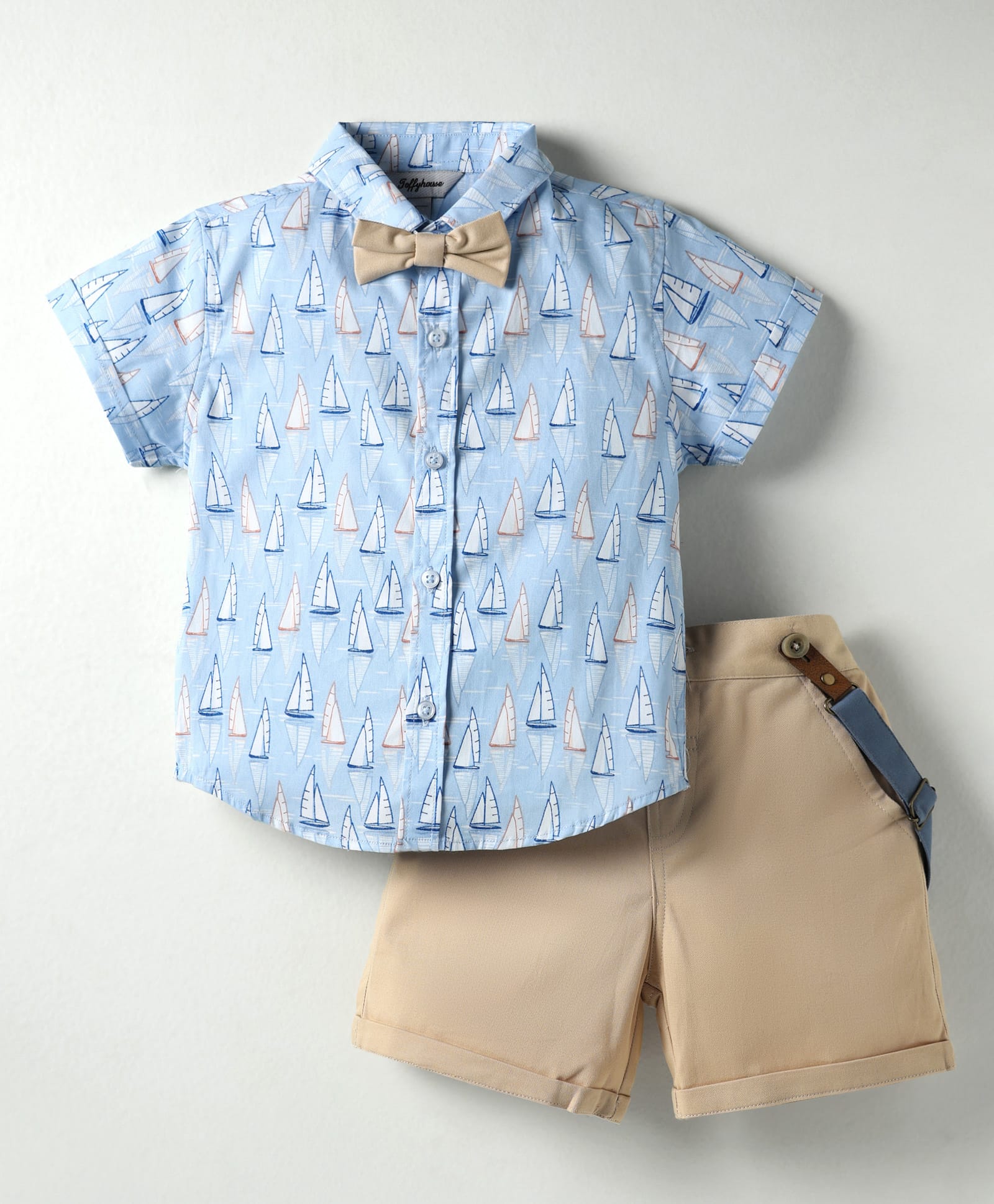 ToffyHouse Poplin Woven Half Sleeves Shirt & Short With Bow Suspender & Nautical Print - Light Blue & Cream-image-39