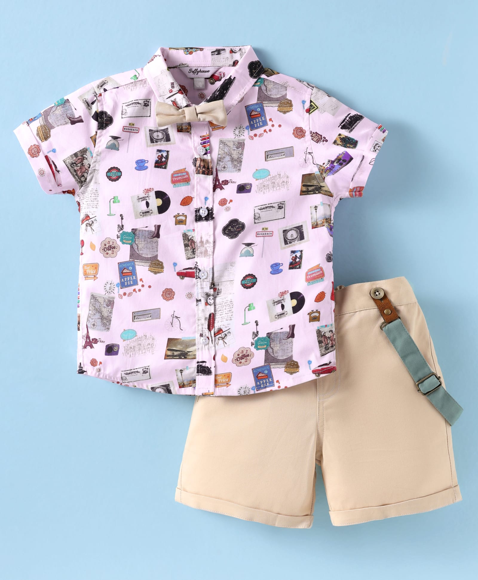 ToffyHouse Poplin Woven Half Sleeves Printed Shirt & Shorts Set With Bow & Suspender - Light Pink-image-7