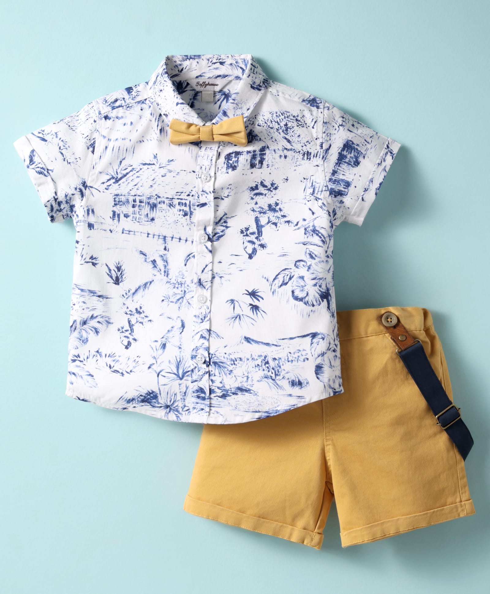 ToffyHouse Poplin Woven Half Sleeves Printed Shirt & Shorts With Bow & Suspender - White & Gold-image-34