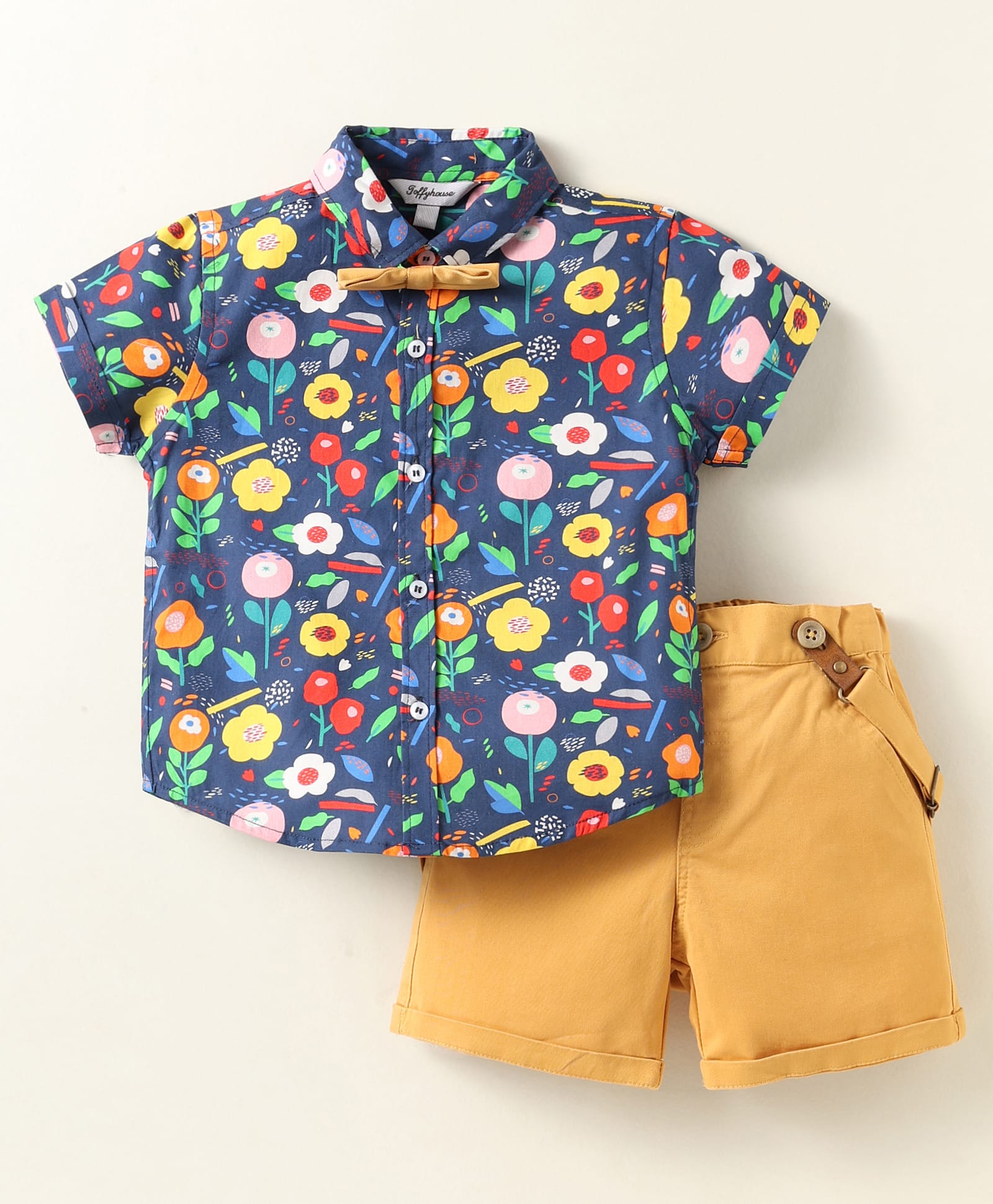 ToffyHouse Cotton Woven Half Sleeves Shirt & Shorts With Bow & Suspender with Floral Print - Khaki & Navy Blue-picture-11