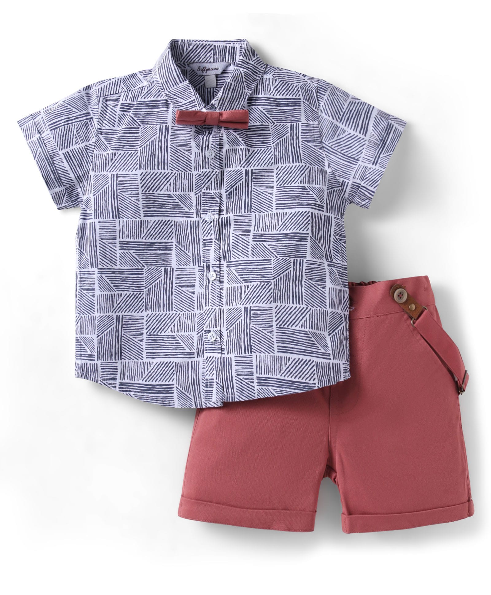 ToffyHouse Cotton Woven Half Sleeves Abstract Printed Shirt & Short Set With Bow & Suspender - Light Red-image-3