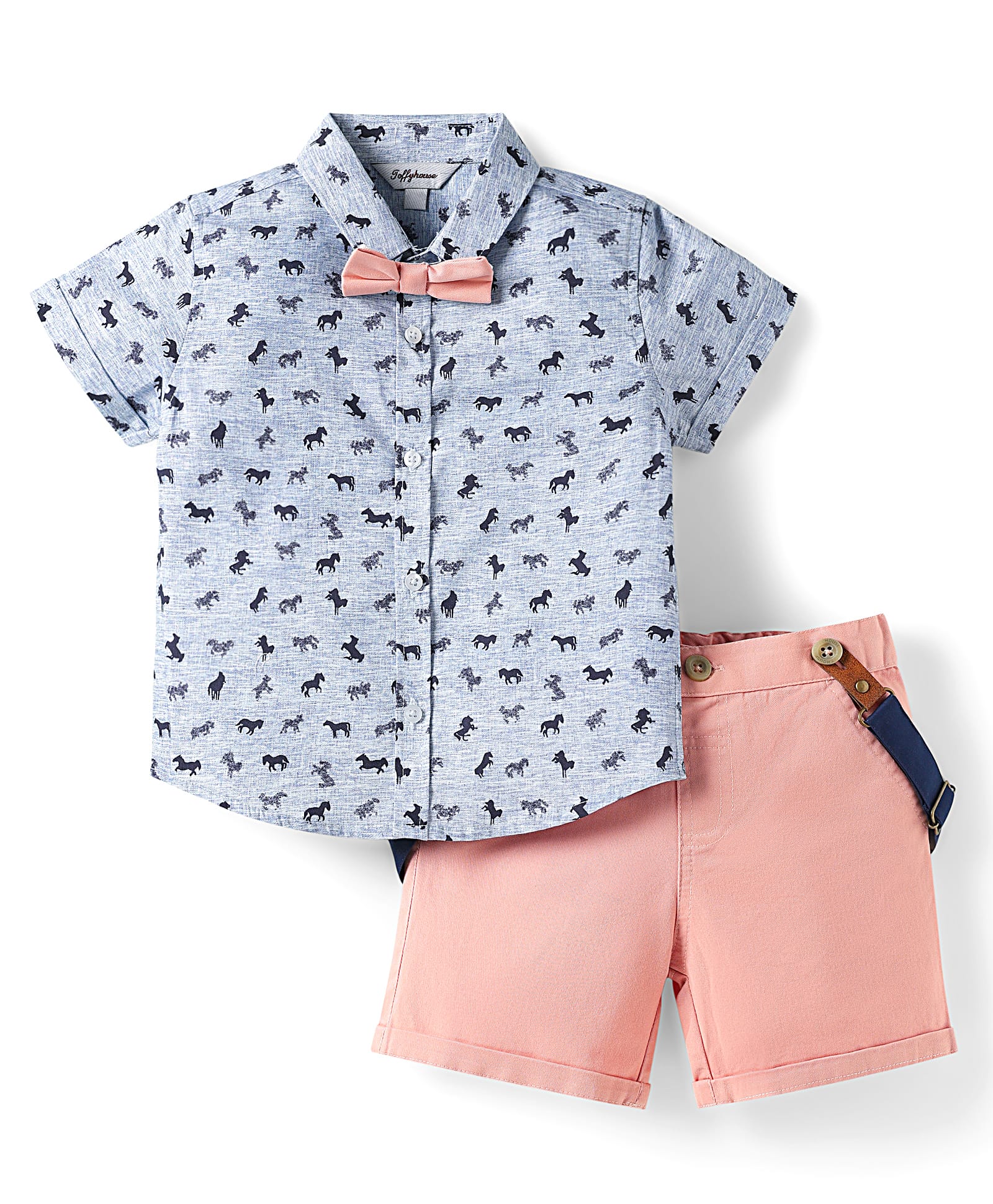 ToffyHouse Poplin Woven Half Sleeves Horse Printed Shirt & Shorts Set with Bow & Suspender - Light Blue & Peach-picture-8