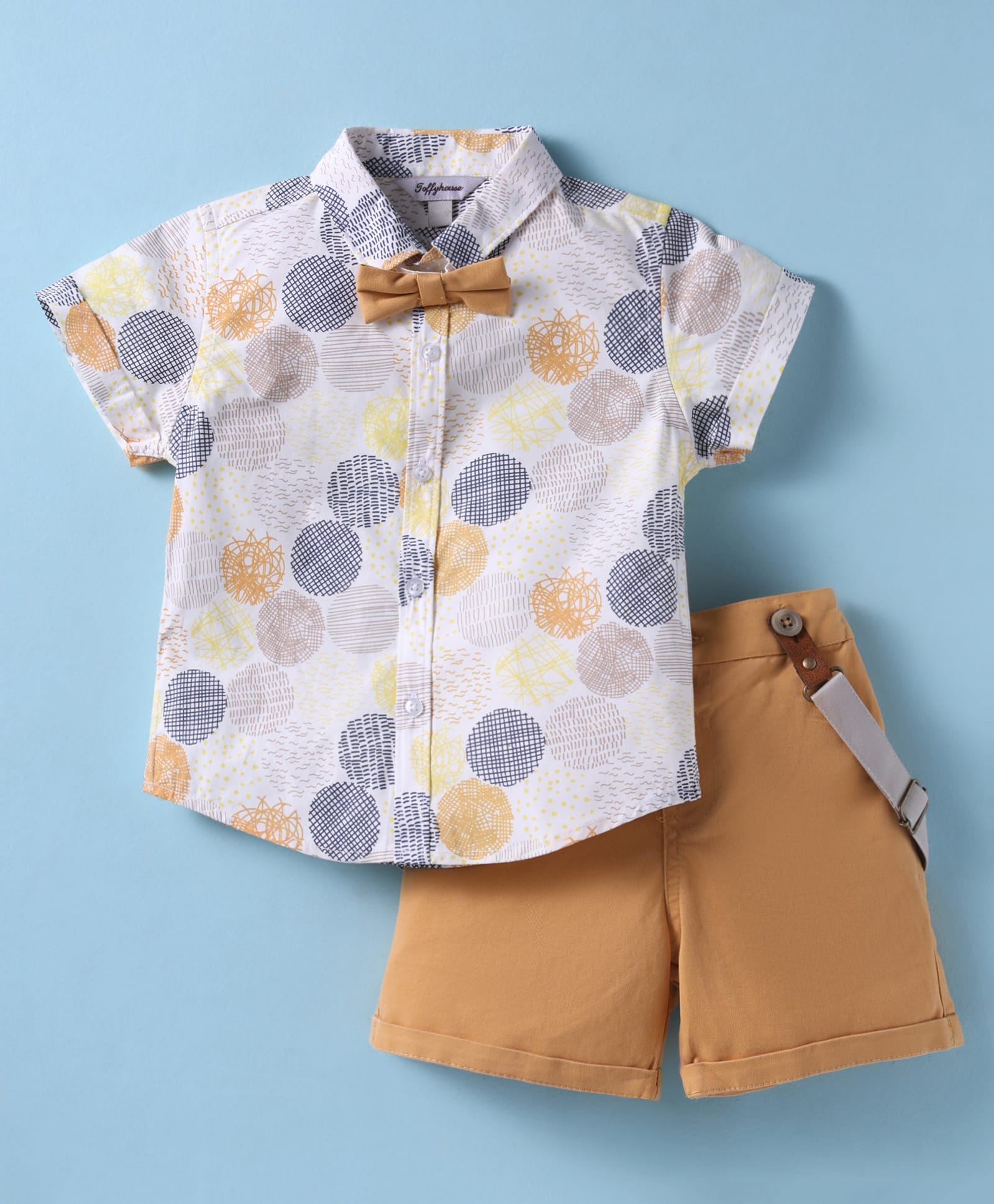 ToffyHouse Poplin Woven Half Sleeves Shirt & Shorts Set with Bow Suspender & Geomentry Print- Light Brown & White-image-20