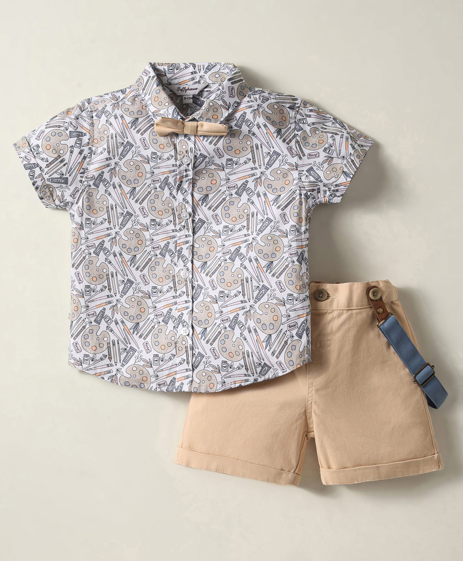 ToffyHouse Poplin Woven Half Sleeves Stationary Printed Shirt & Shorts Set with Bow & Suspender - White & Beige-image-41