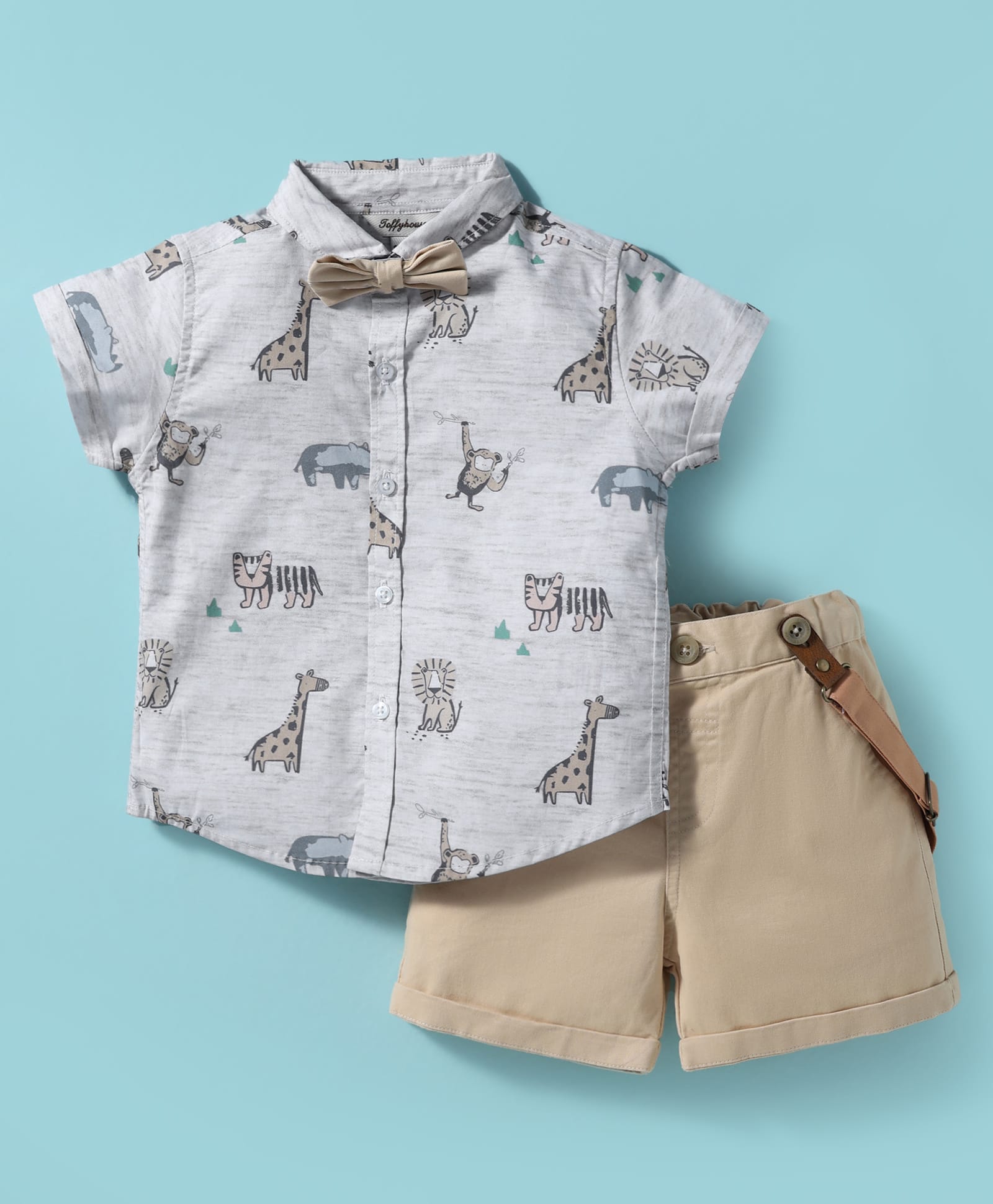 ToffyHouse Poplin Woven Half Sleeves Animal Printed Shirt & Shorts Set with Bow & Suspender - Light Grey & Khaki-image-30