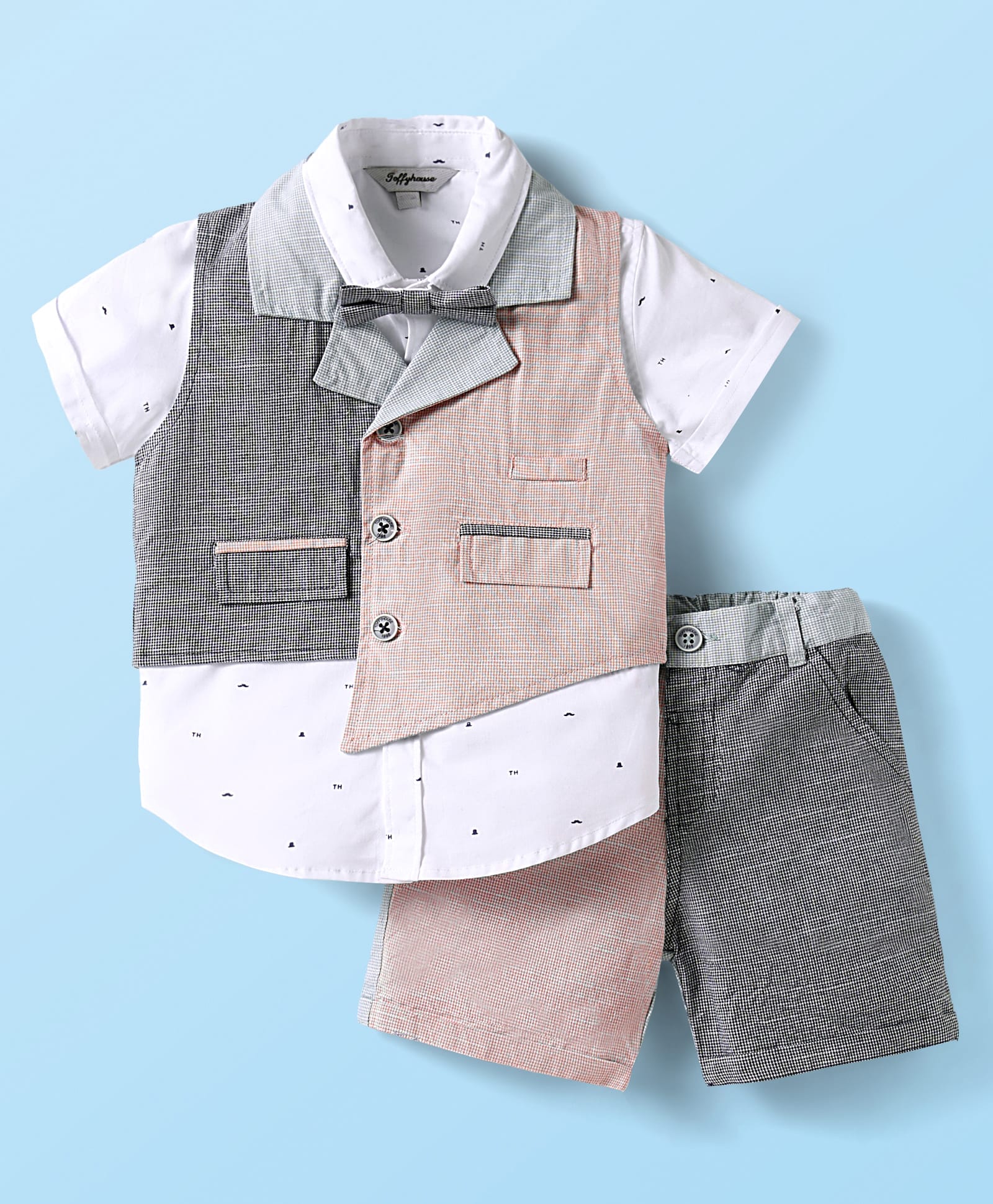 ToffyHouse Poplin Woven Half Sleeves Checks & Printed 3 Piece Party Suit With Bow - Multicolor-picture-6
