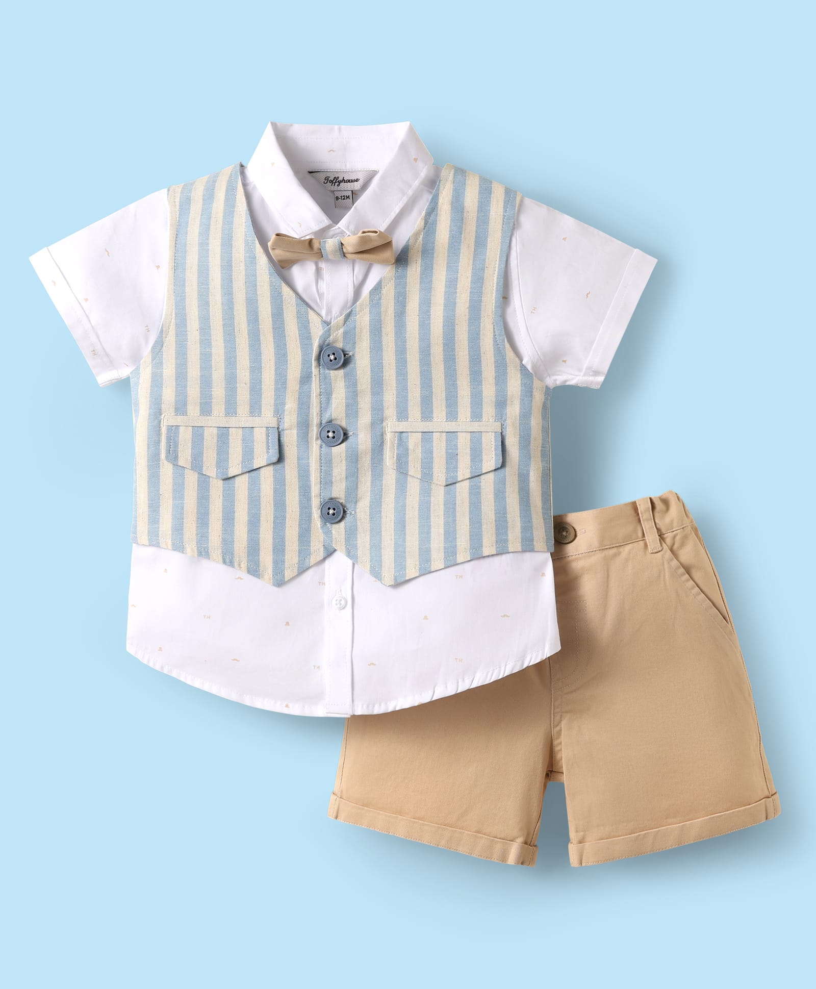 ToffyHouse Poplin Woven Half Sleeves 3 Piece Party Suits with Stripes - White & Cream-image-43