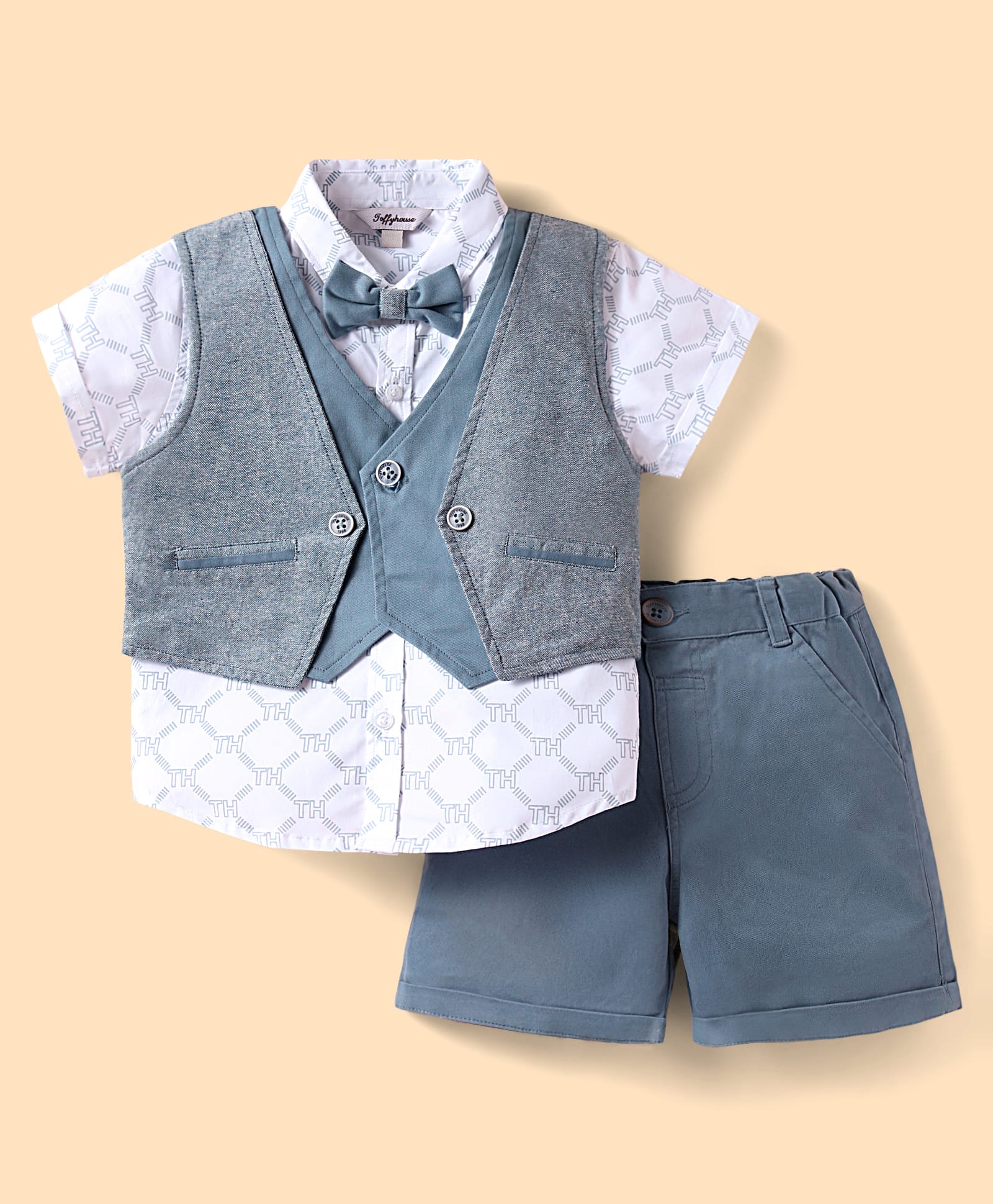 ToffyHouse Poplin Woven Half Sleeves Printed 3 Piece Party Suit With Bow - Blue & White-picture-14