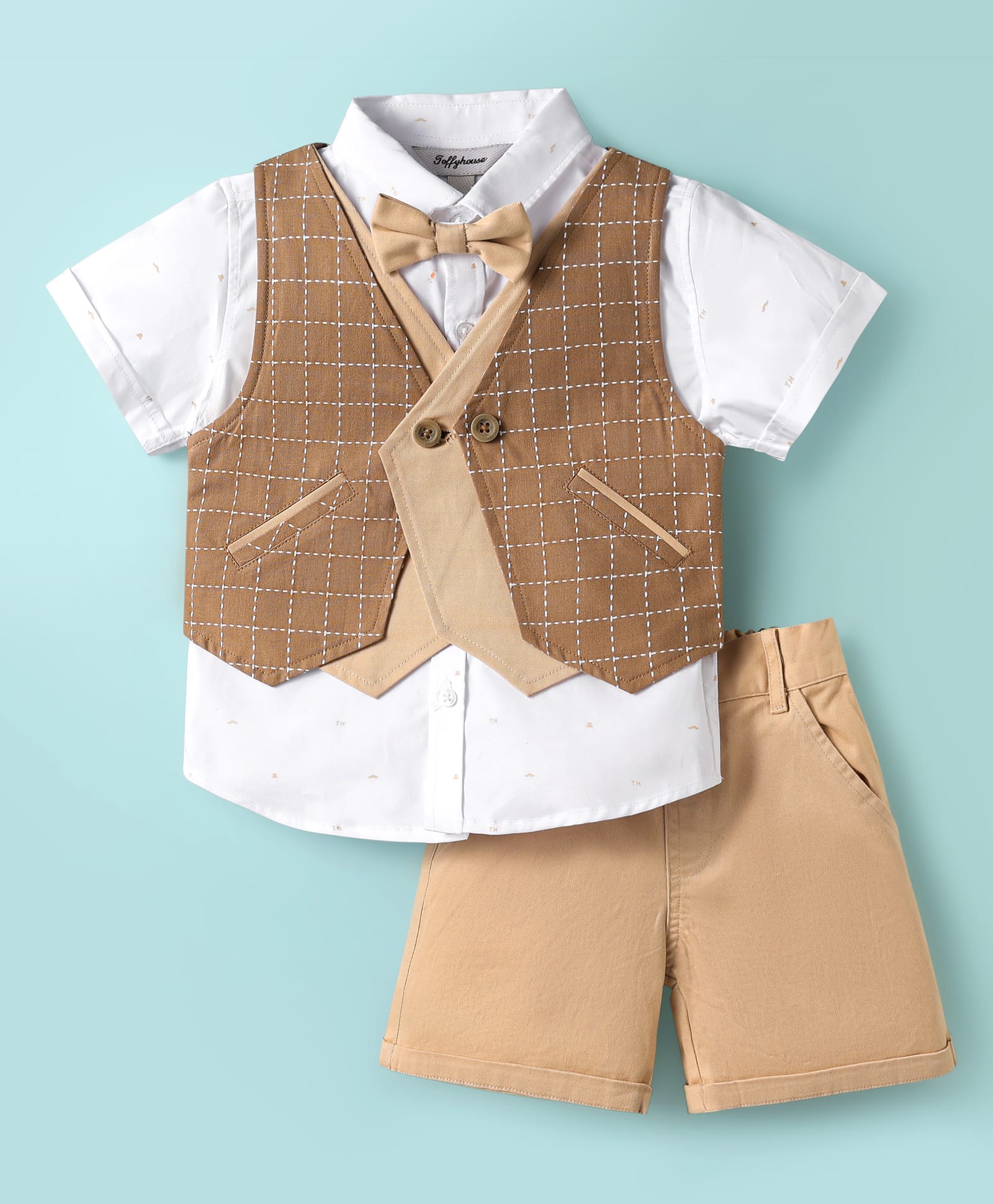 ToffyHouse Poplin Woven Half Sleeves 3 Piece Party Suits with Checks Print - White & Tan-image-48