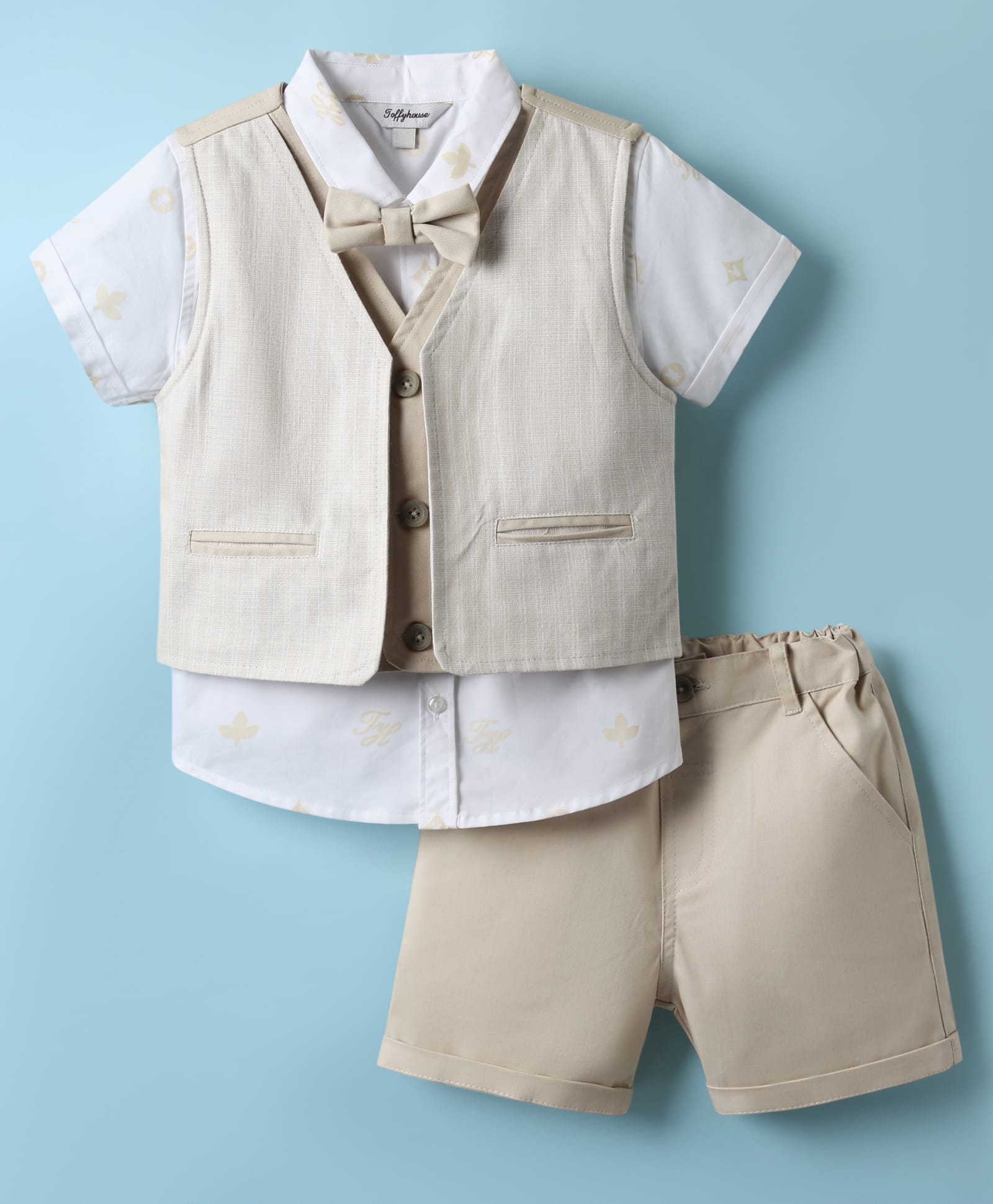 ToffyHouse Cotton Woven Half Sleeves Party Suits With Bow - Cream & White-image-33