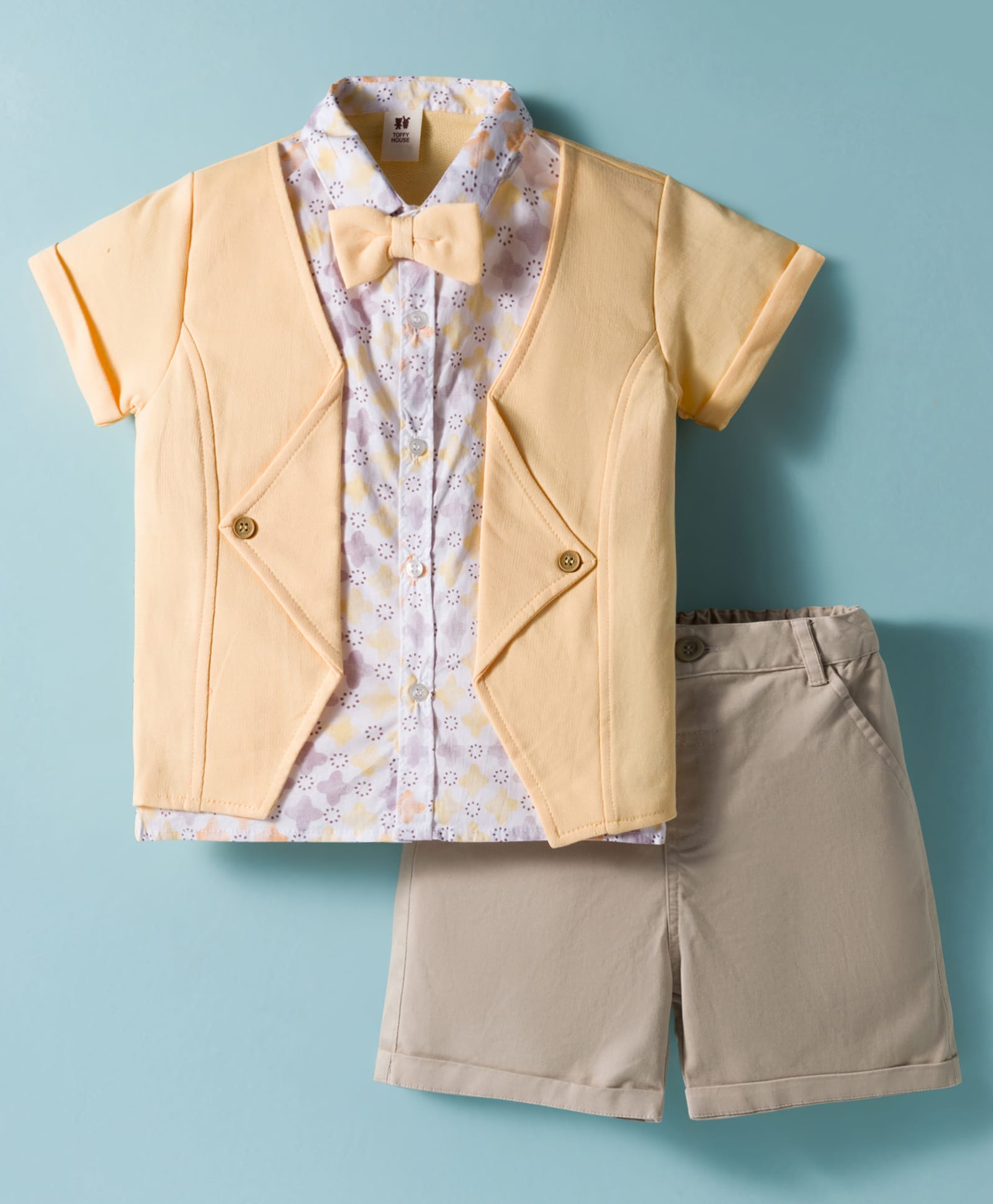 ToffyHouse Poplin Woven Half Sleeves Party Shirt & Shorts Set with Attached Jacket & Bow - Peach & Tan-image-38