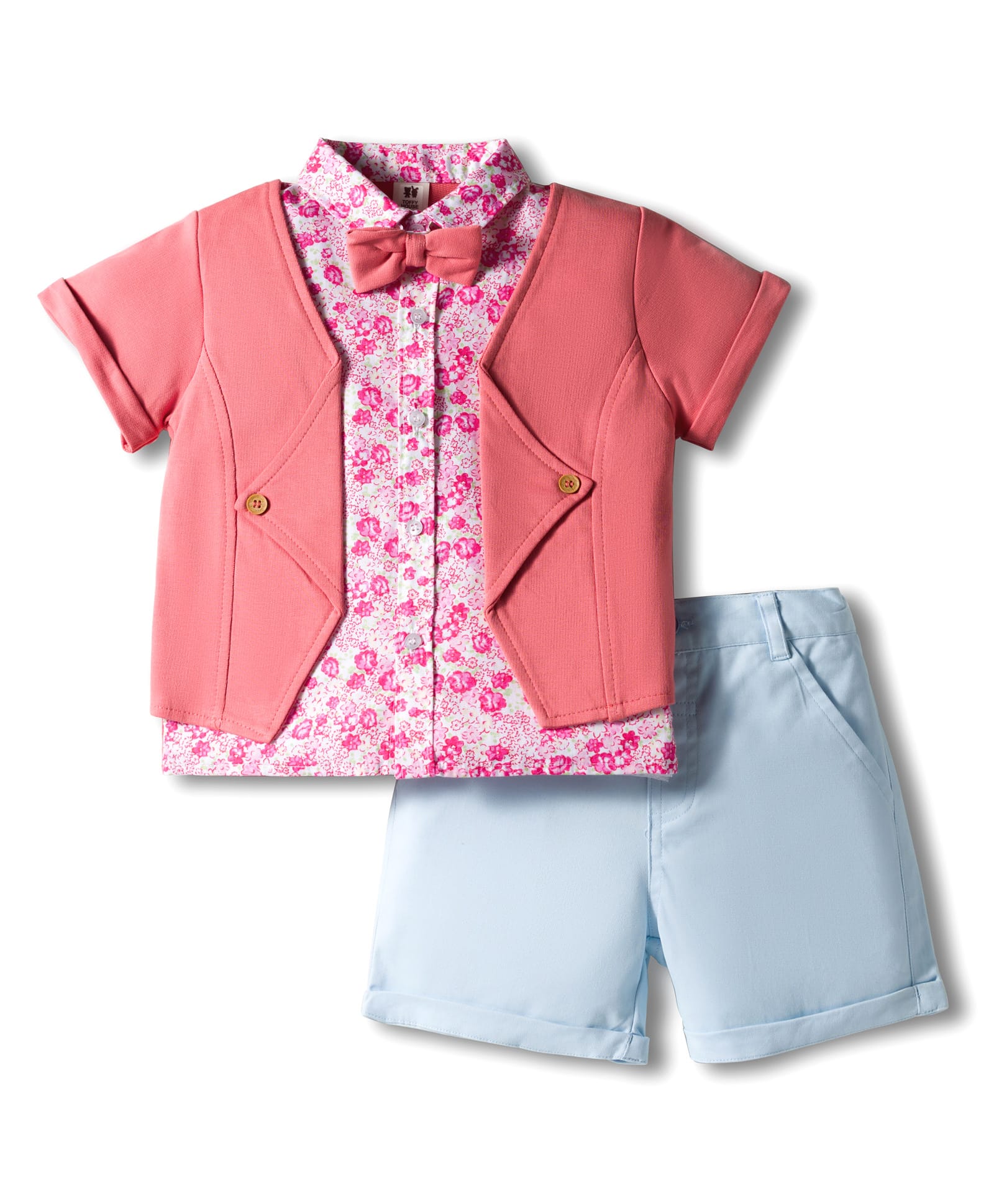 ToffyHouse Poplin Woven Half Sleeves Party Shirt with Attached Waistcoat & Shorts with Floral Print & Bow - Pink & Light Blue-image-30