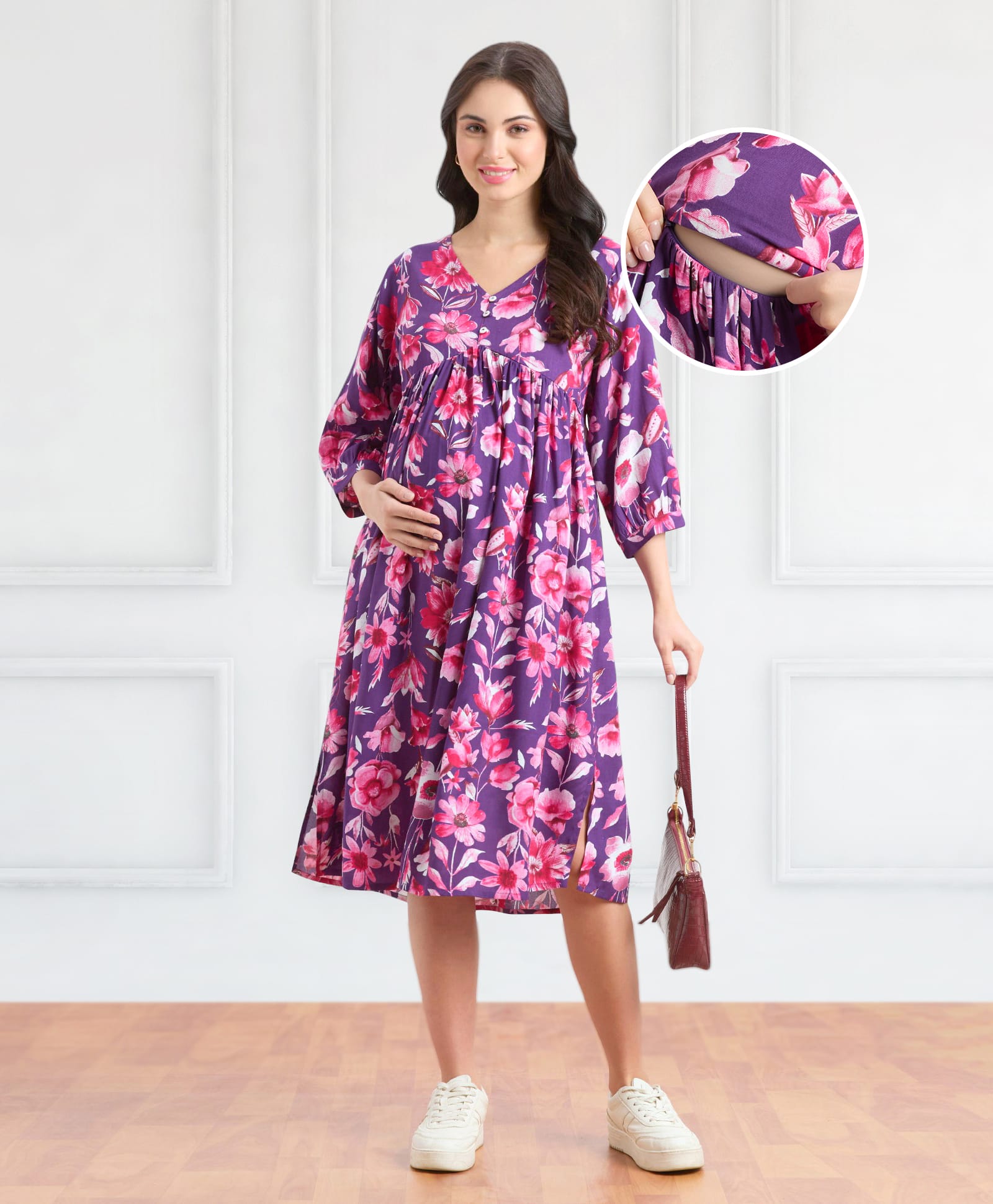 Bella Mama Woven Three Fourth Sleeves Maternity Dress With Floral Print and Pockets - Purple