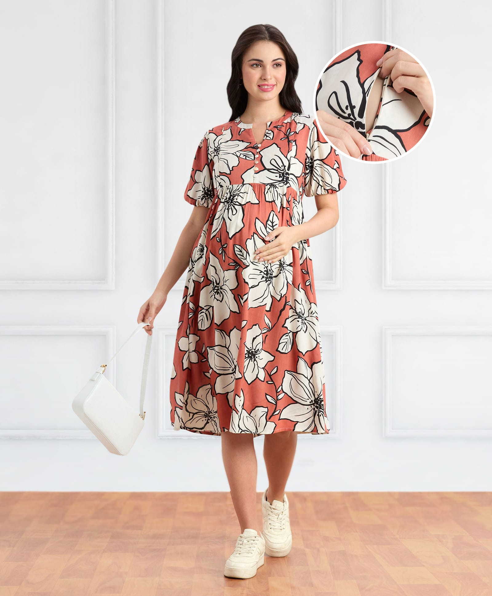 Bella Mama Woven Half Sleeves Maternity Dress With Floral Print and Pockets - Coral-image-34