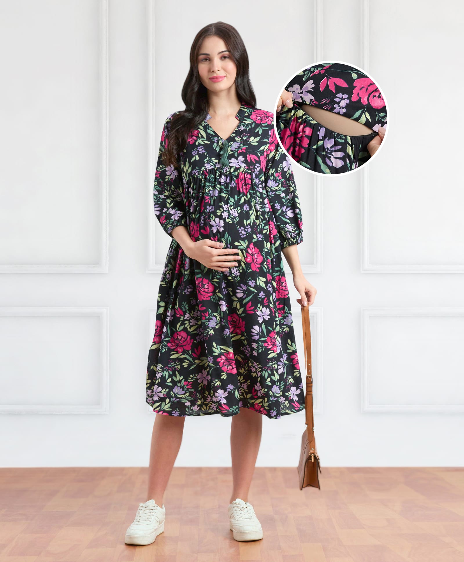 Bella Mama Woven Three Fourth Sleeves Maternity Dress With Floral Print and Pockets - Black