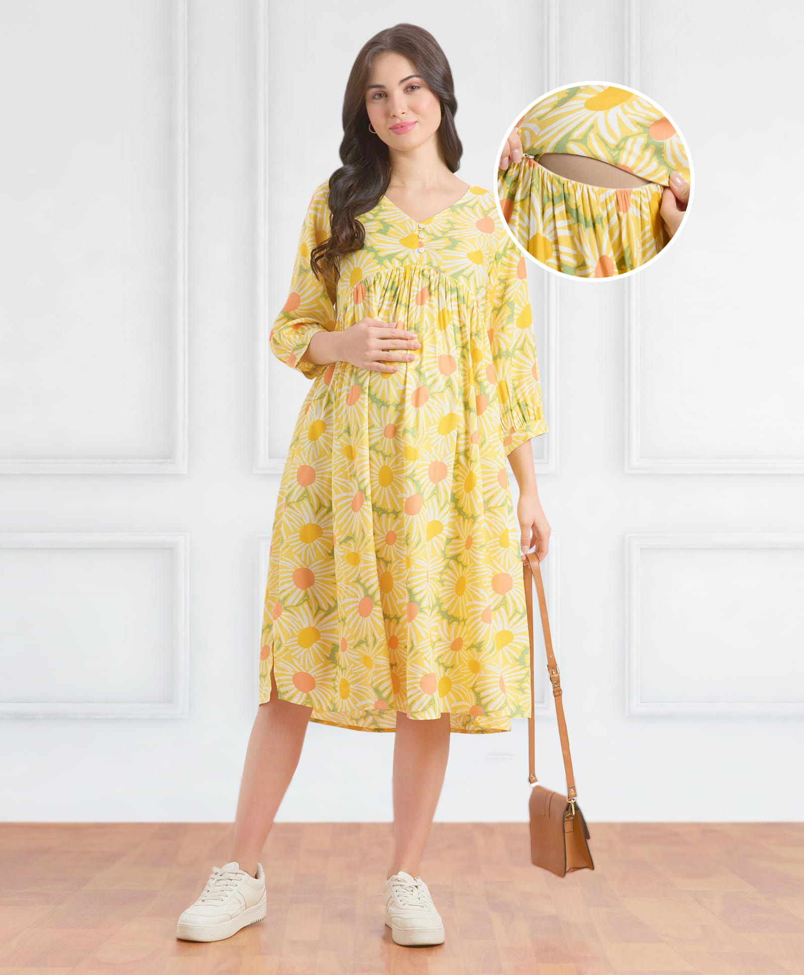 Bella Mama Woven Three Fourth Sleeves Maternity Dress With Floral Print and Pockets - Yellow-image-32